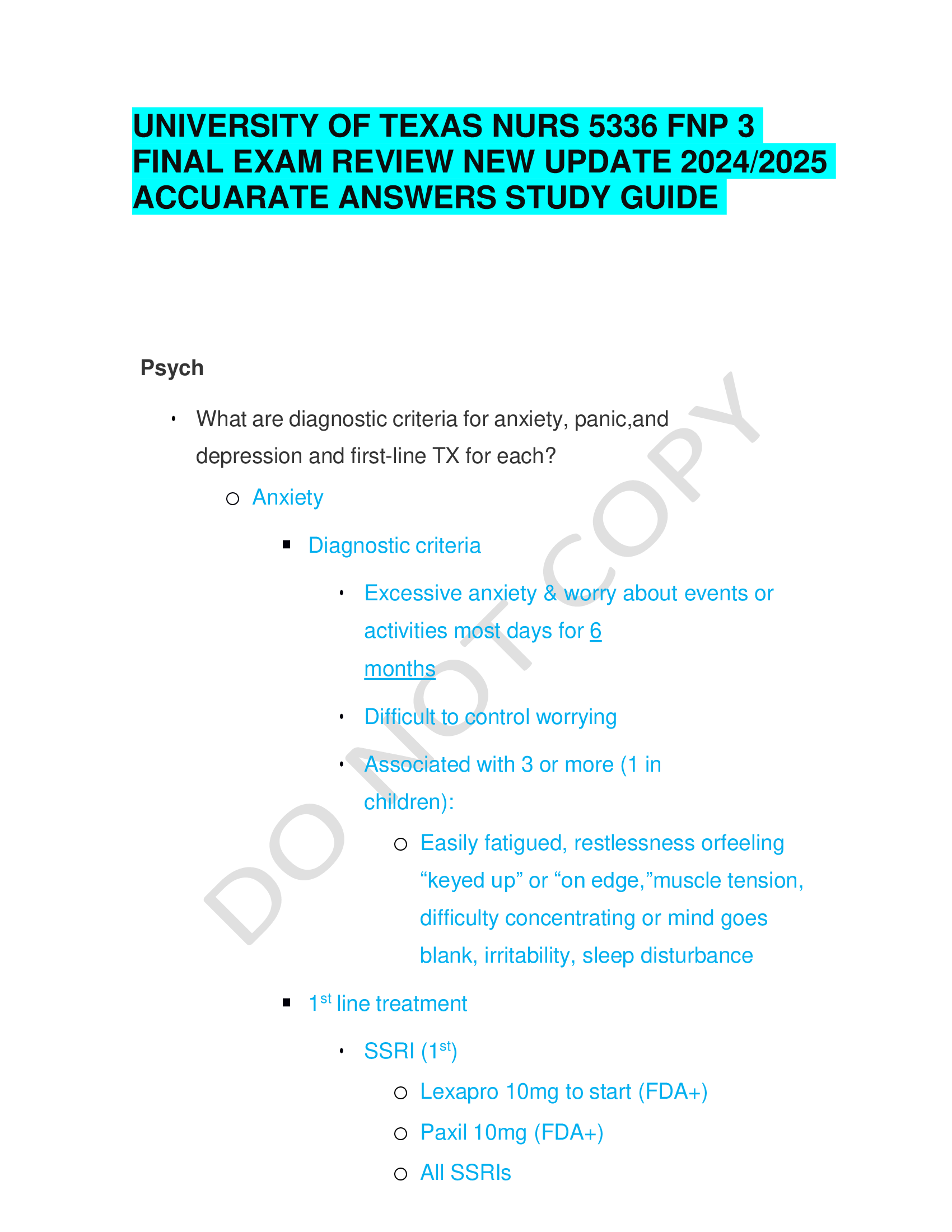 UNIVERSITY OF TEXAS NURS 5336 FNP 3  FINAL EXAM REVIEW NEW UPDATE 20242026  ACCUARATE ANSWERS STUDY GUIDE