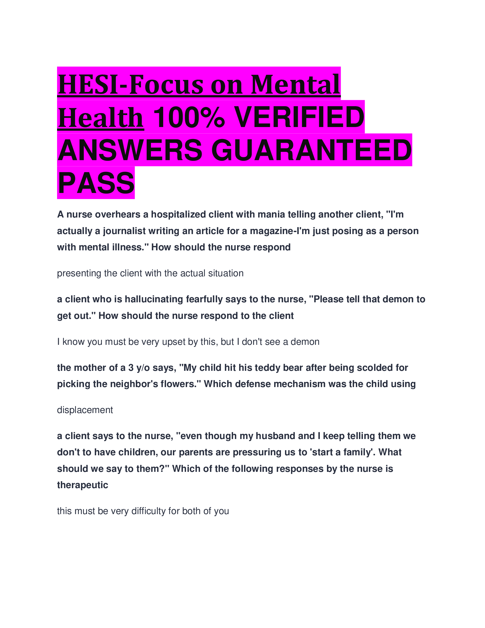 HESI-Focus on Mental Health  VERIFIED  ANSWERS GUARANTEED  PASS