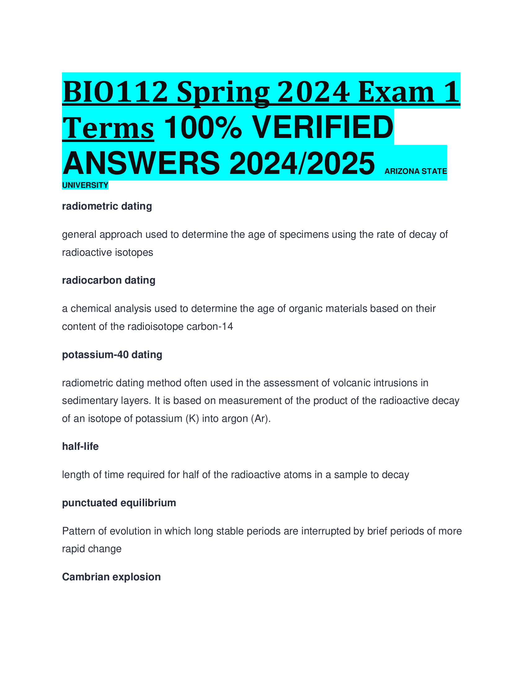 BIO112 Spring  Exam 1 Terms 100% VERIFIED  ANSWERS 20242026 ARIZONA STATE  UNIVERSITY
