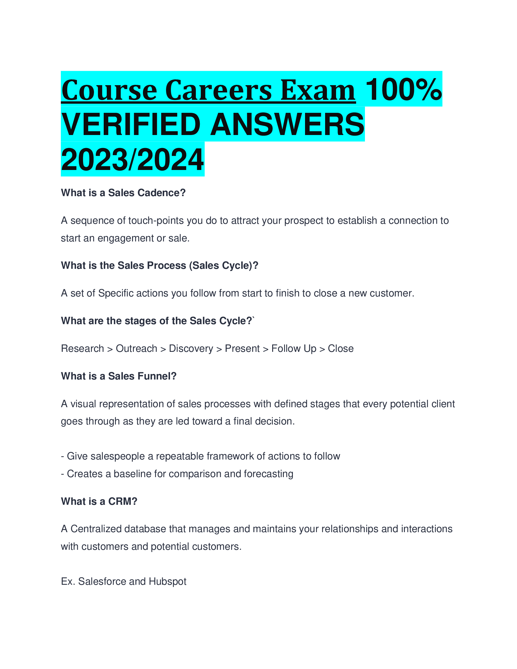 Course Careers Exam VERIFIED ANSWERS  2023,2024