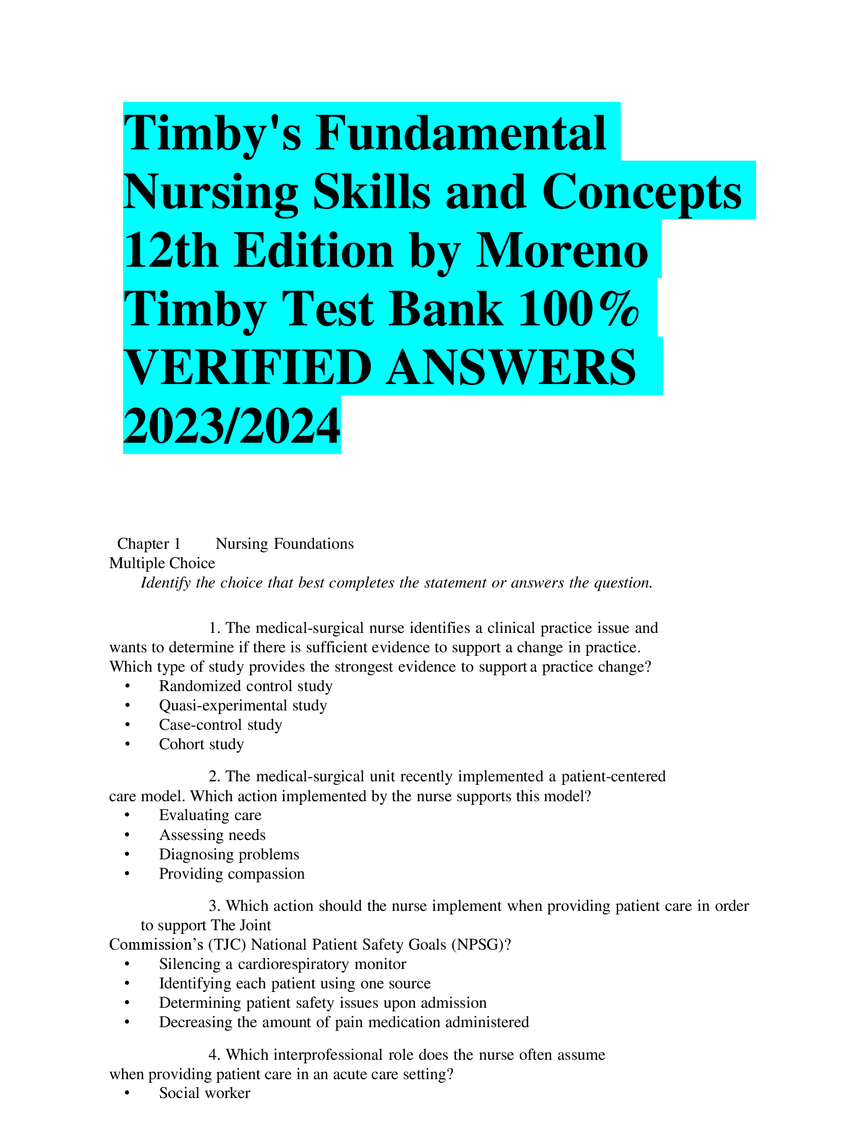 Test Bank-Timbys Fundamental Nursing Skills and Concepts 12th Edition by Moreno Timby | VERIFIED ANSWERS