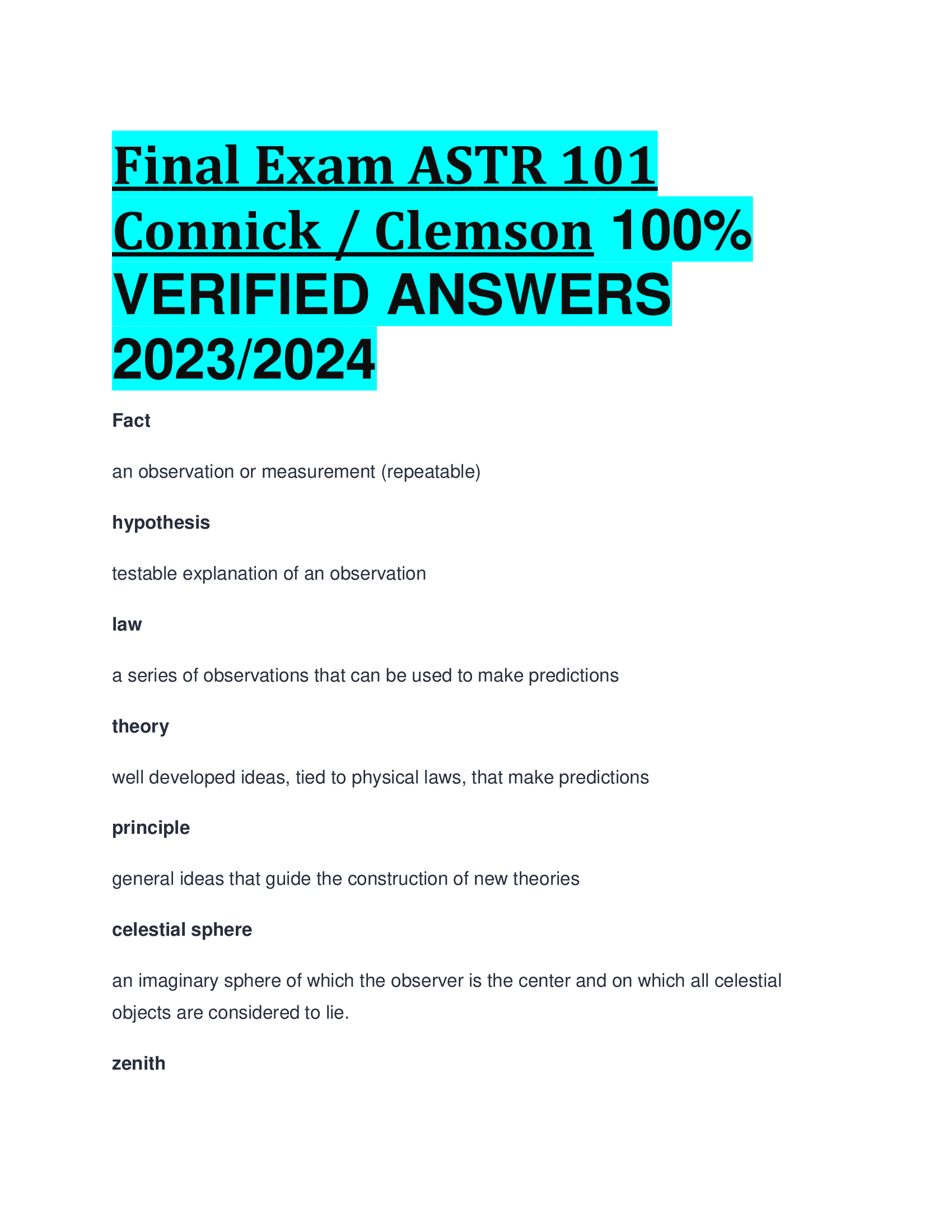 Final Exam ASTR 101 Connick Clemson  VERIFIED ANSWERS  2023,2024