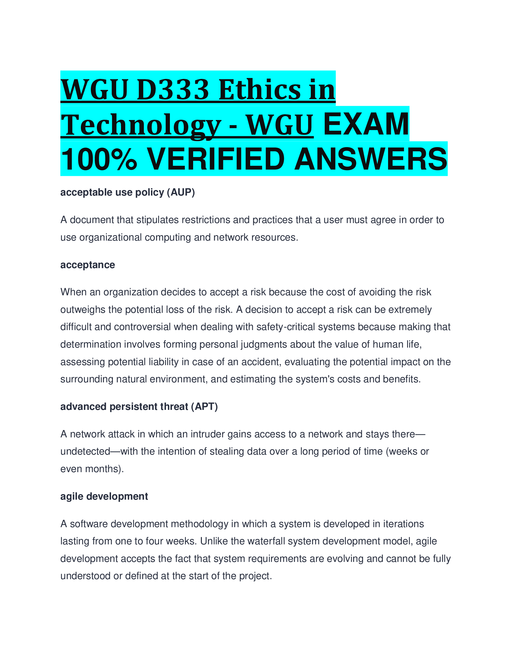 WGU D333 Ethics in Technology - WGU EXAM  VERIFIED ANSWERS 2024,2026