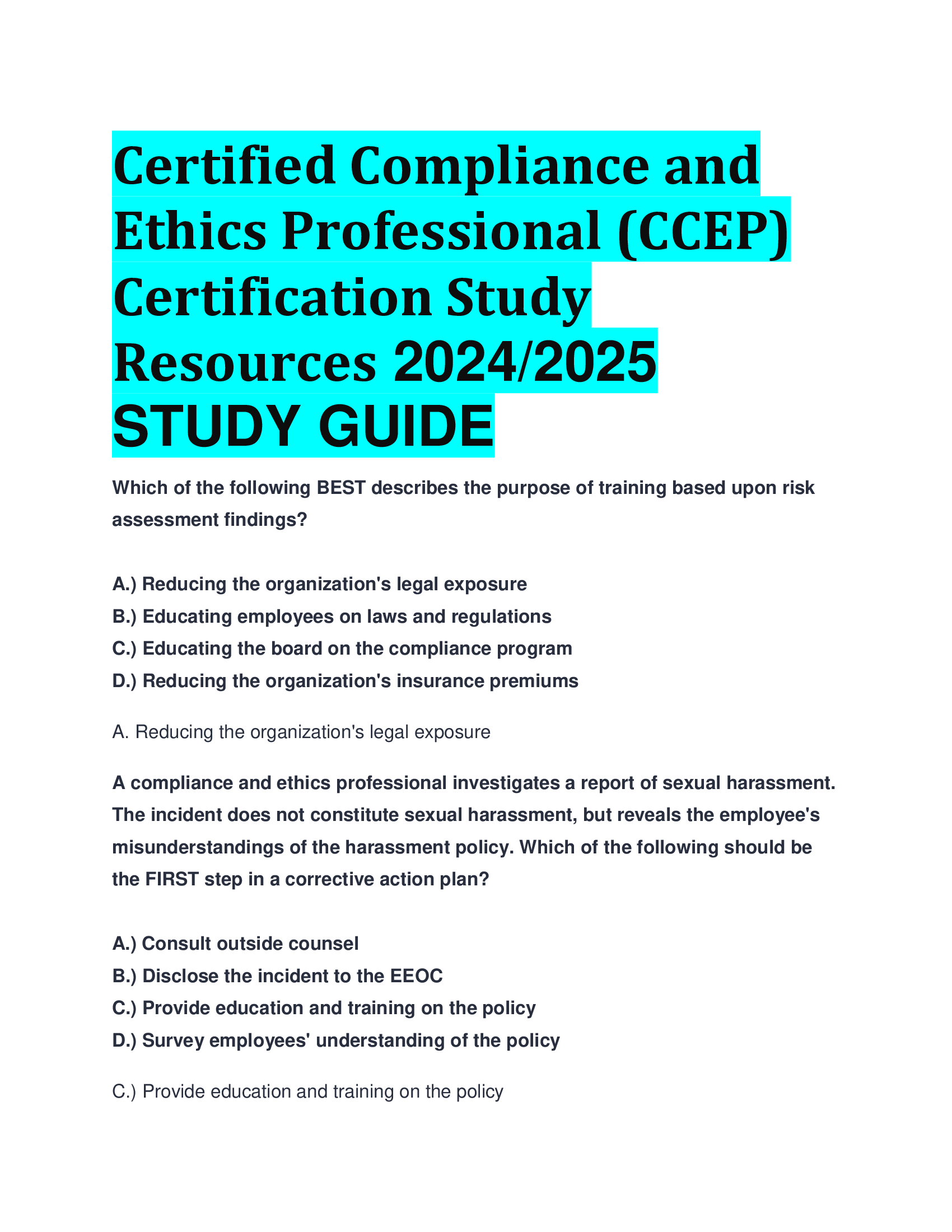 Certified Compliance and Ethics Professional (CCEP) Certification Study Resources 20242026  STUDY GUIDE