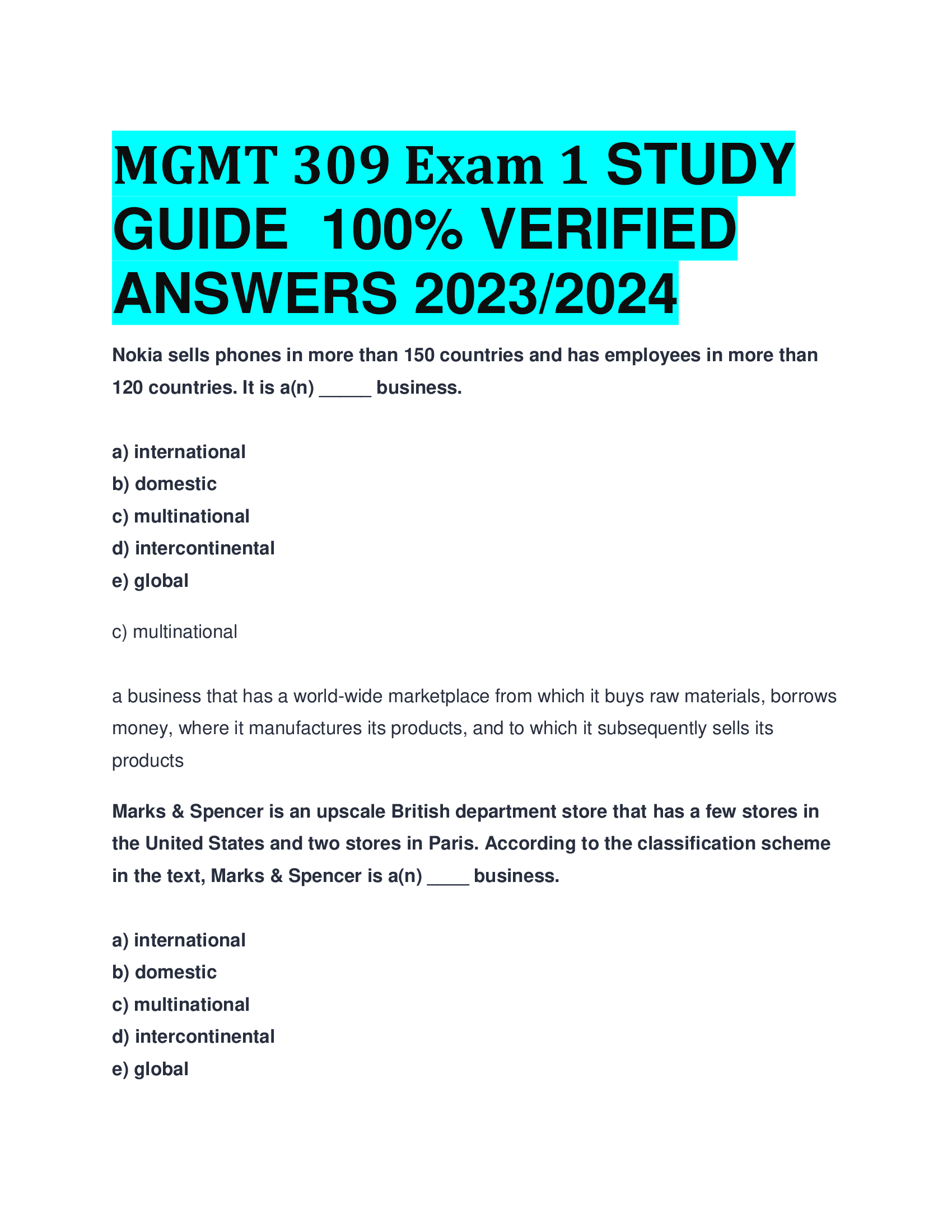 MGMT 309 Exam 1 STUDY  GUIDE ERIFIED  ANSWERS 2023,2024