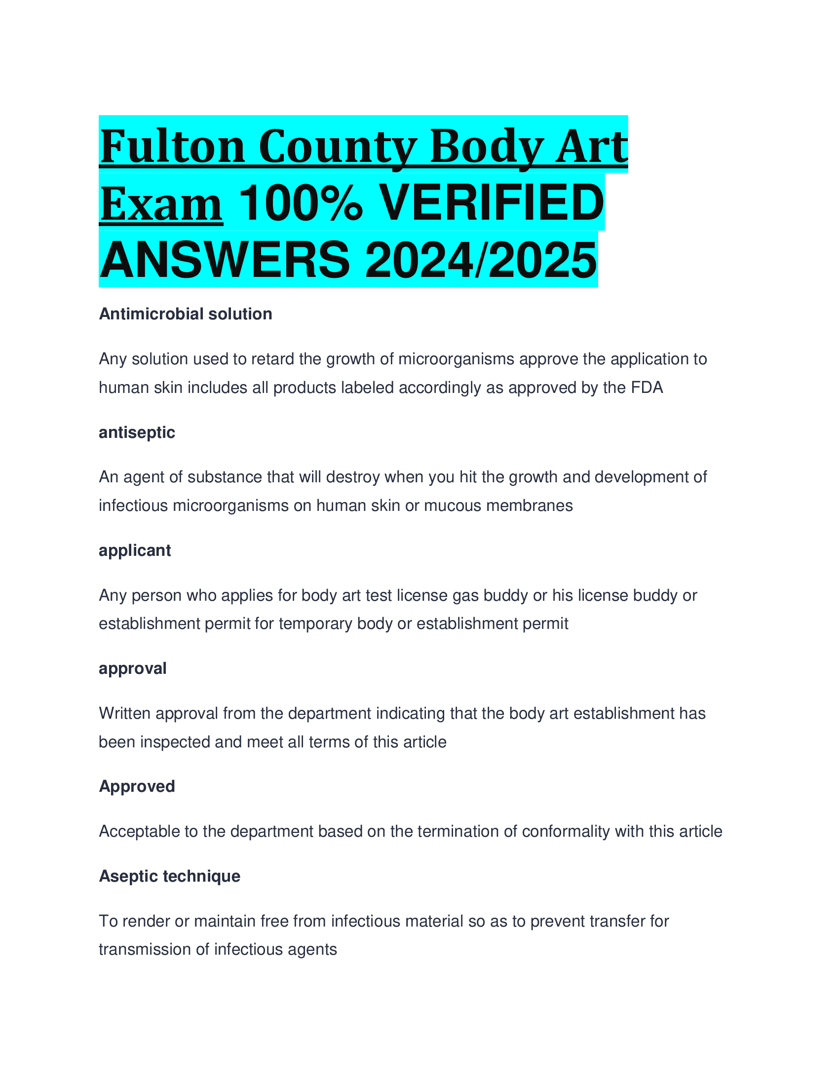 Fulton County Body Art Exam VERIFIED  ANSWERS 20242026