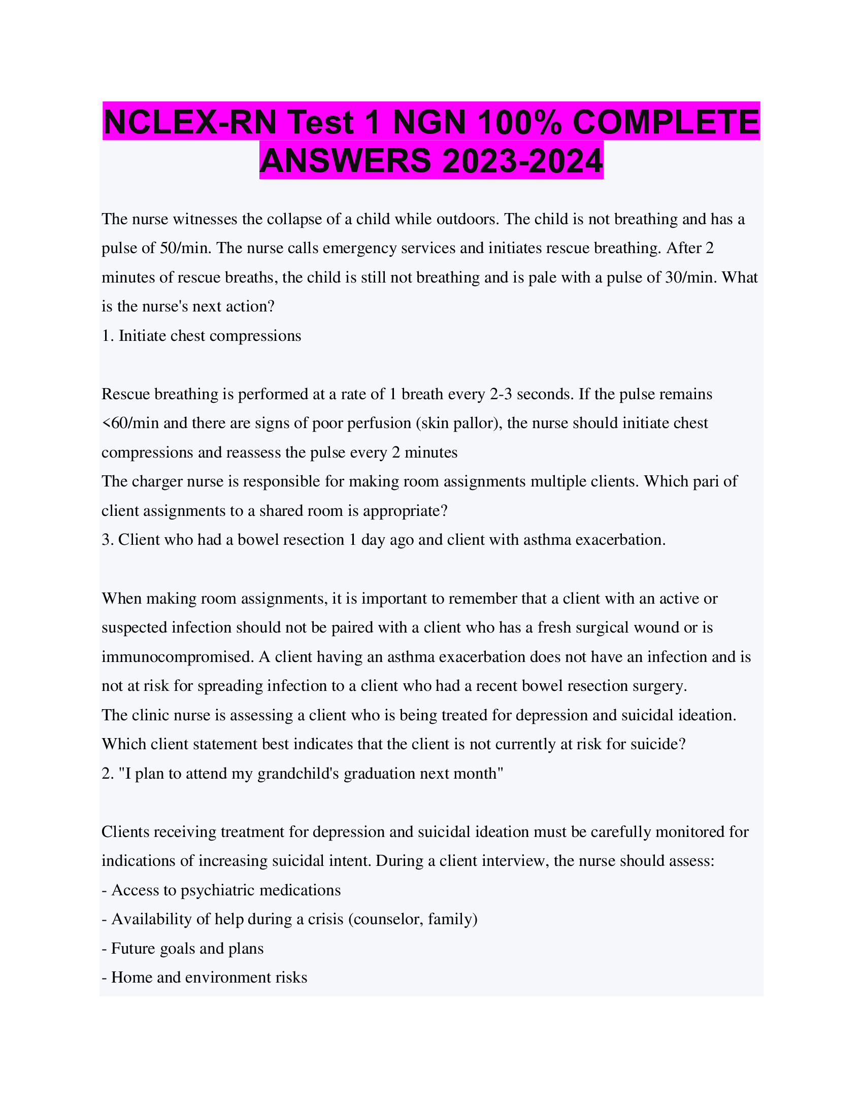 BEST ANSWERS NCLEX-RN Test 1 NGN 100 Percent COMPLETE  ANSWERS 2023-2024