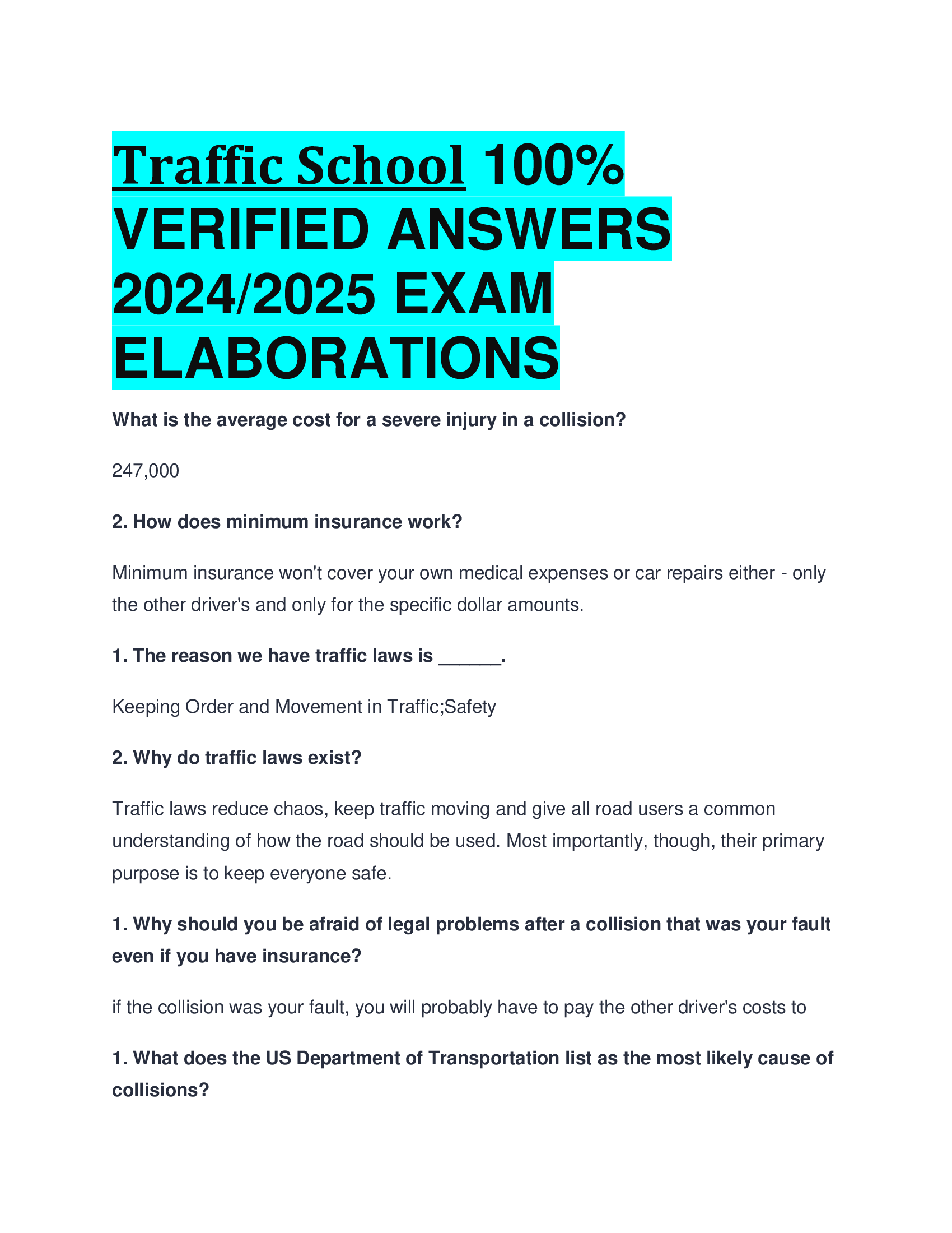 Traffic School VERIFIED ANSWERS  20242026 EXAM  ELABORATIONS
