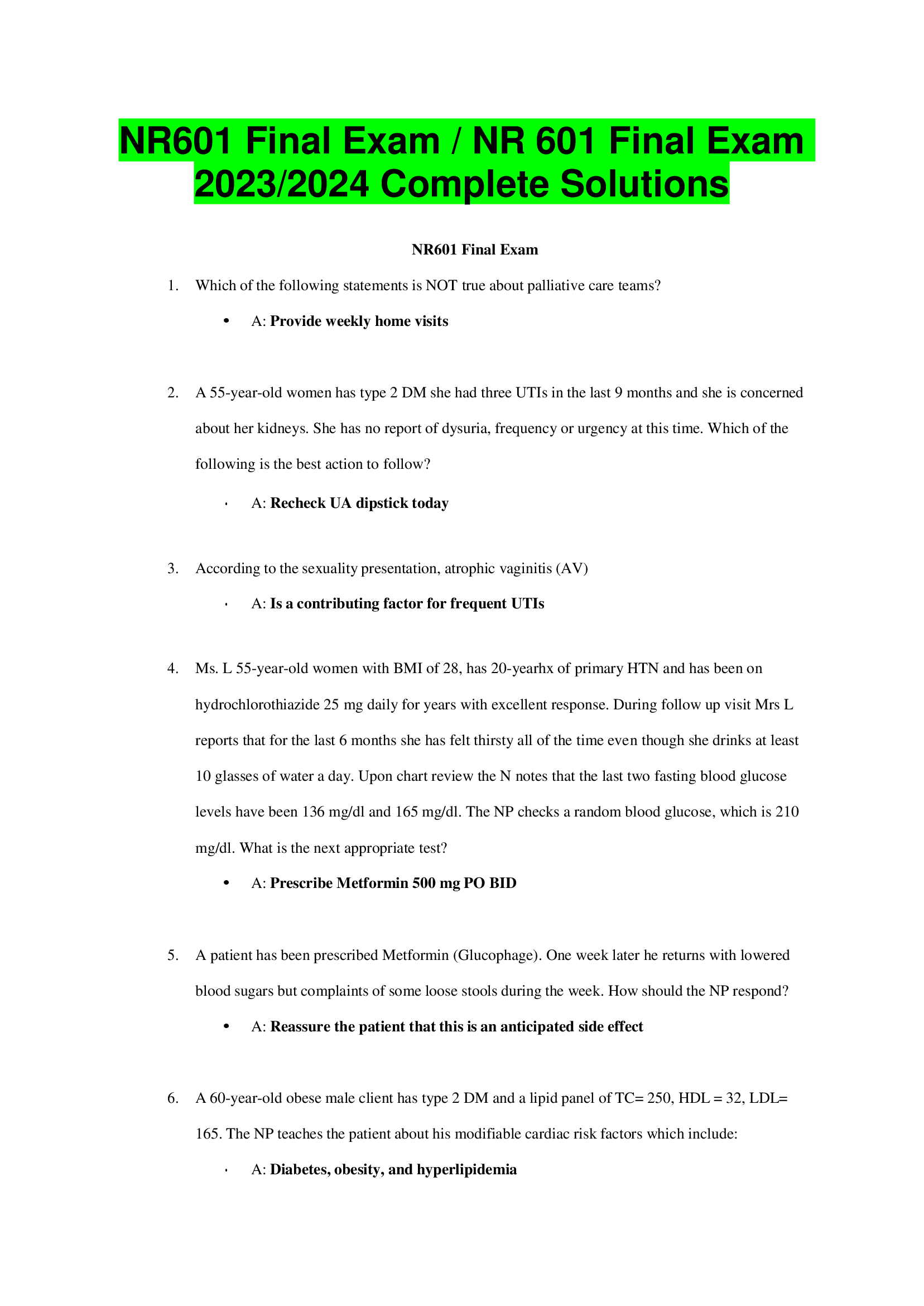 NR601 Final Exam, NR 601 Final Exam 2023, 2024 Complete Solutions