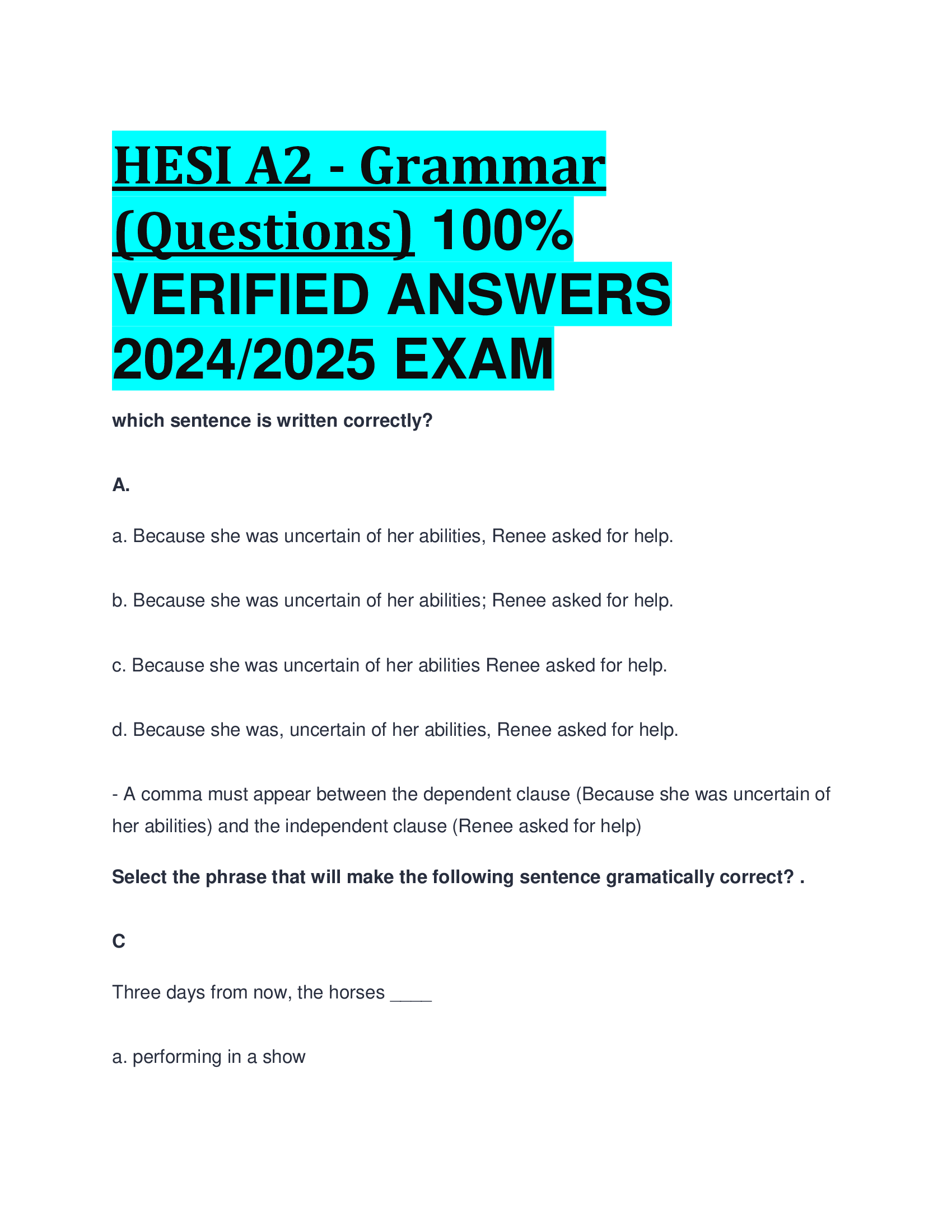 HESI A2 - Grammar Questions VERIFIED ANSWERS  20242026 EXAM