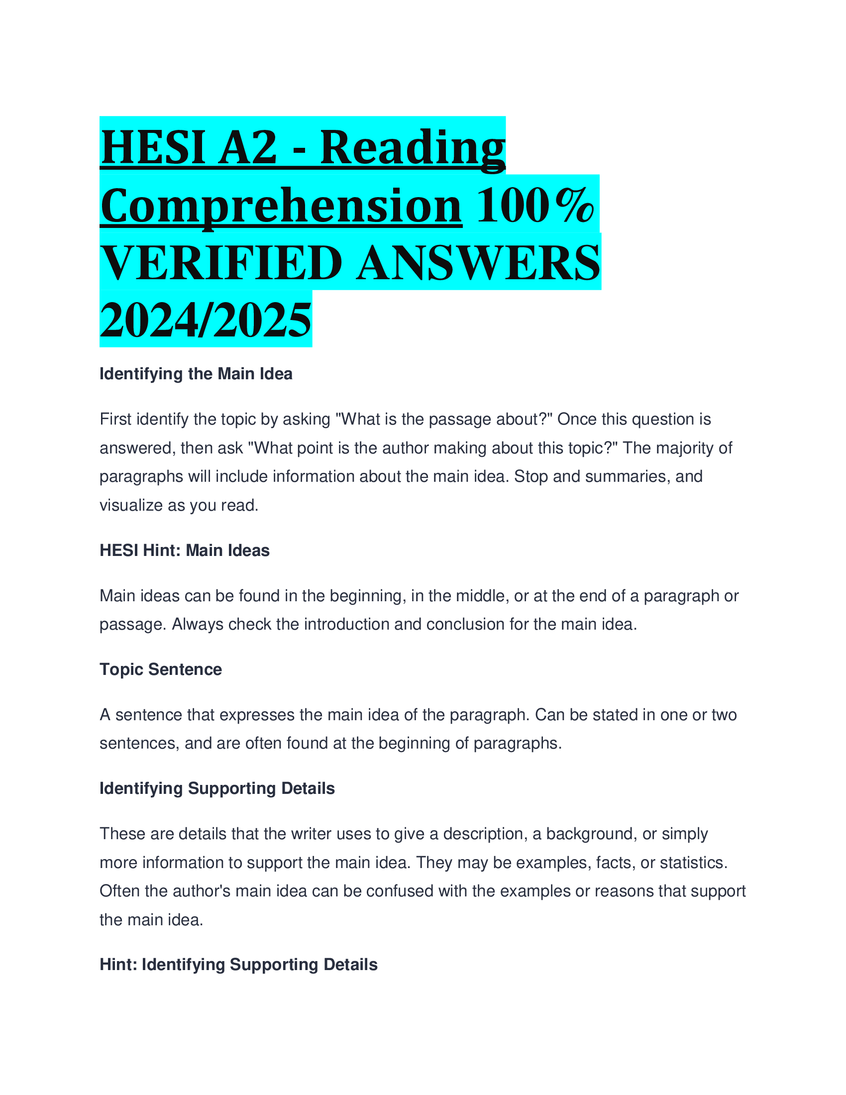 HESI A2 - Reading Comprehension VERIFIED ANSWERS  20242026