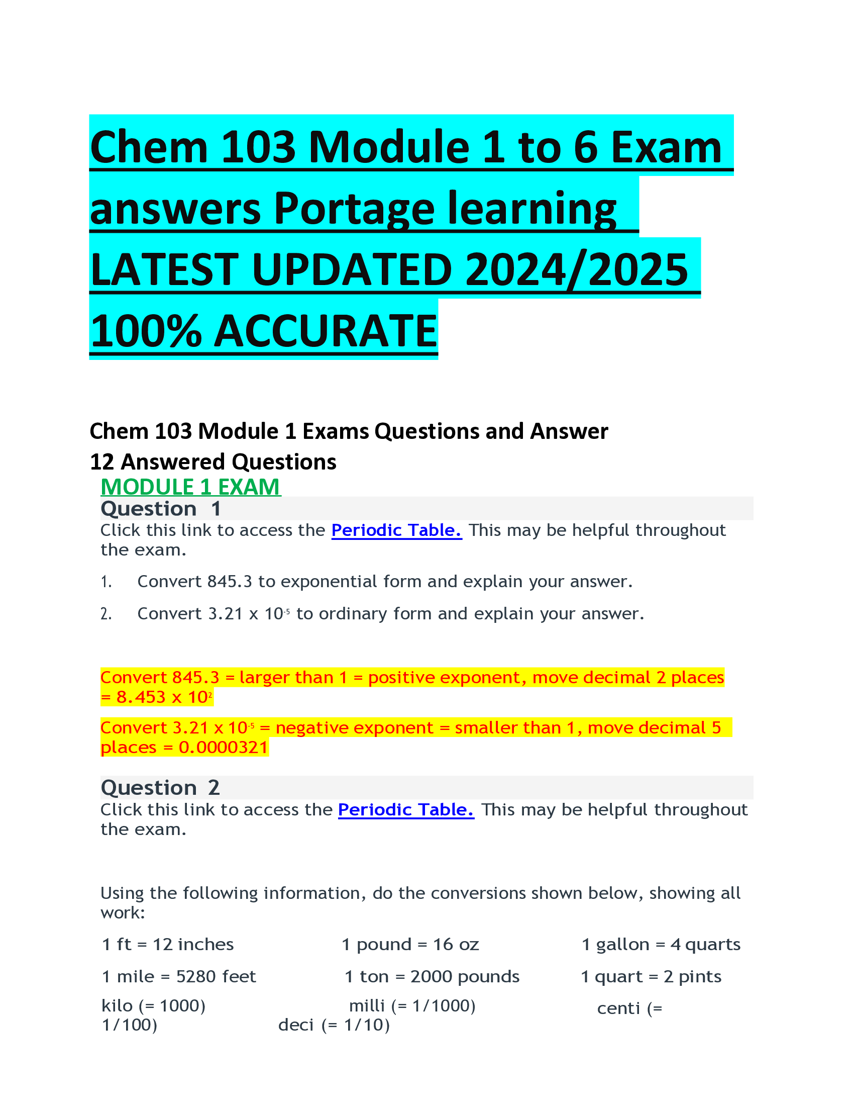 Chem 103 Module 1 to 6 Exam answers Portage learning LATEST UPDATED 20242026  ACCURATE