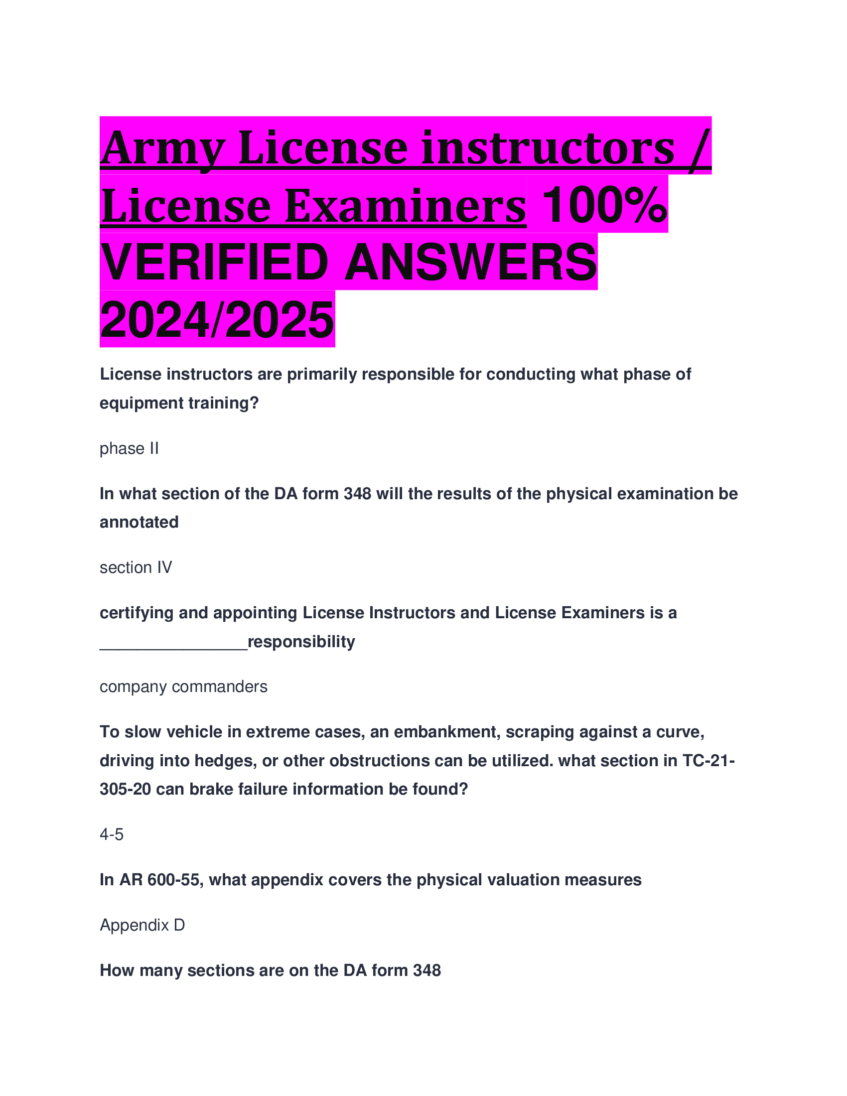 BEST ANSWERS Army License instructors, License Examiners 100 Percent VERIFIED ANSWERS  2024, 2026