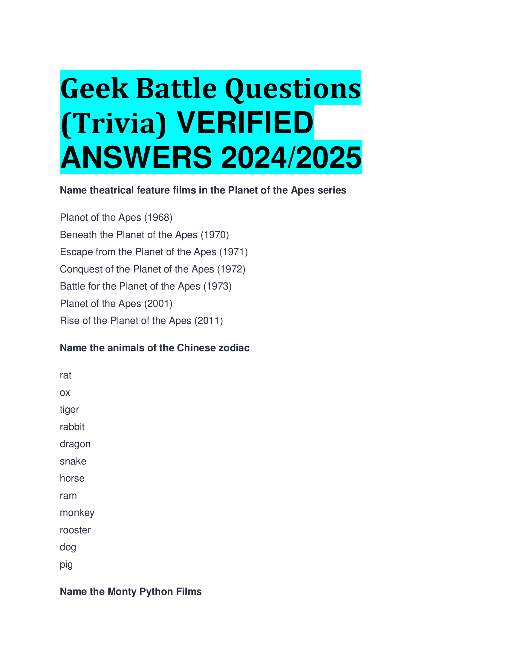 Geek Battle Questions (Trivia) VERIFIED  ANSWERS 2024,2026