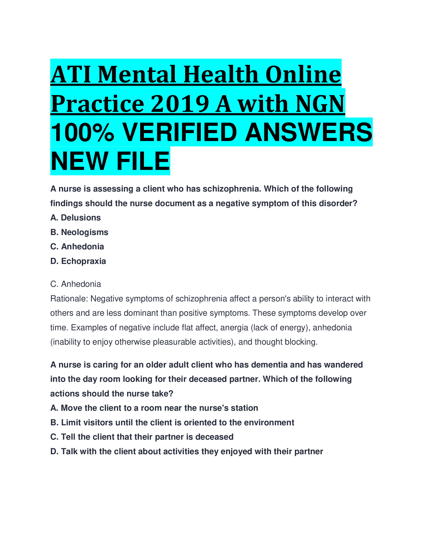 ATI Mental Health Online Practice 2019 A with NGN VERIFIED ANSWERS  NEW FILE