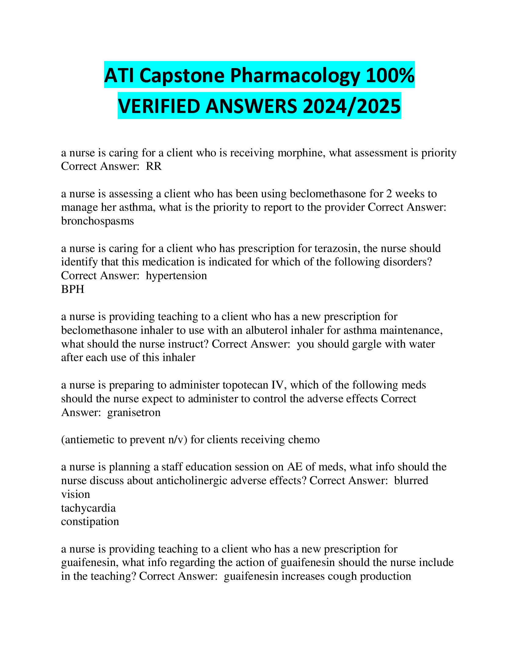 ATI Capstone Pharmacology   VERIFIED ANSWERS 2024,2026