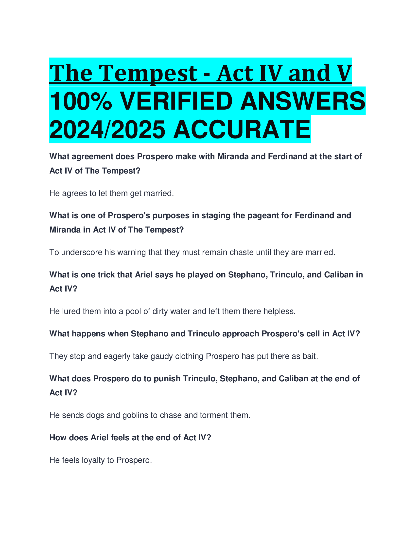 The Tempest - Act IV and V VERIFIED ANSWERS  20242026 ACCURATE