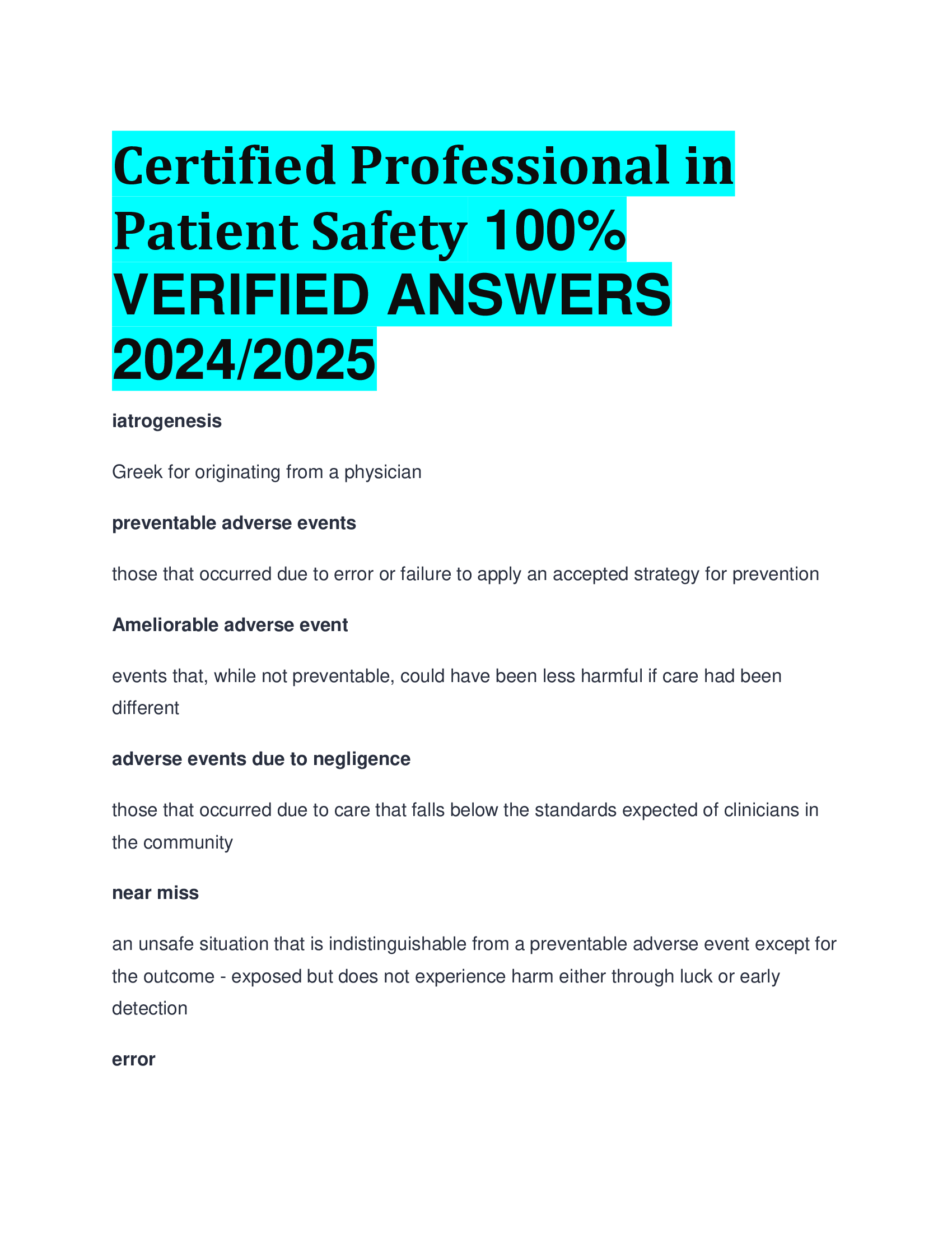 Certified Professional in Patient Safety VERIFIED ANSWERS  20242026