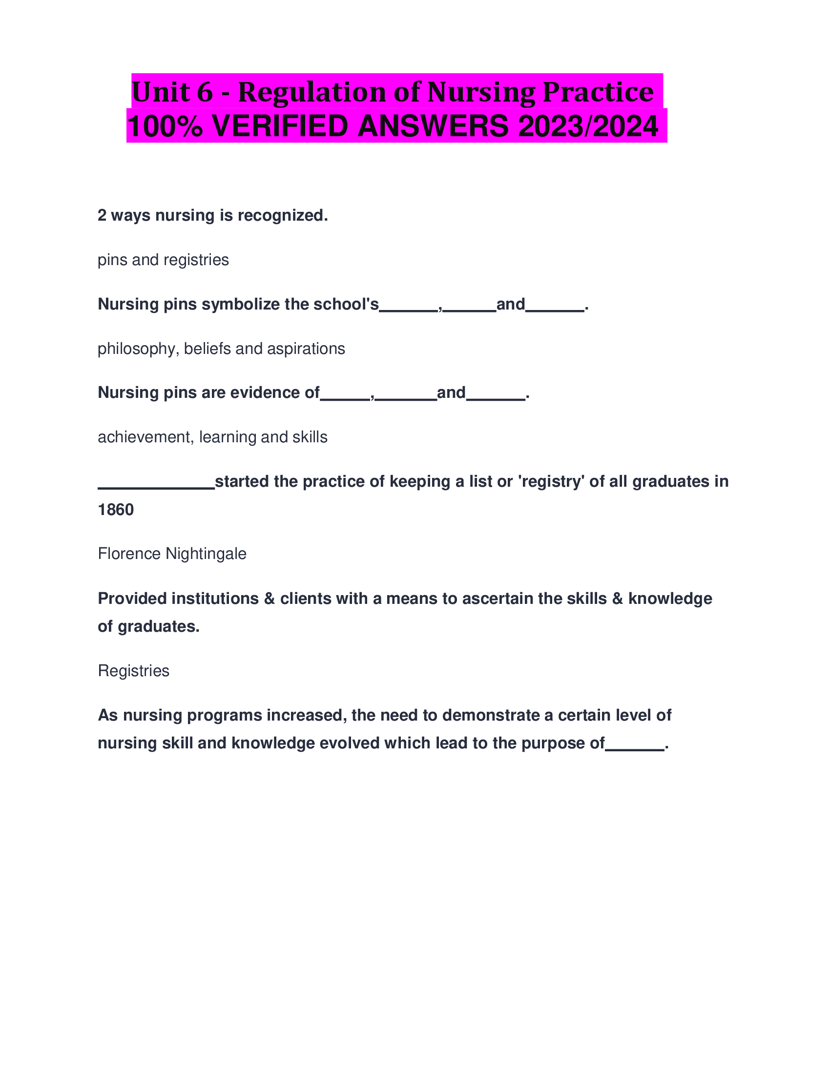 Unit 6 - Regulation of Nursing Practice VERIFIED ANSWERS 2023,2024
