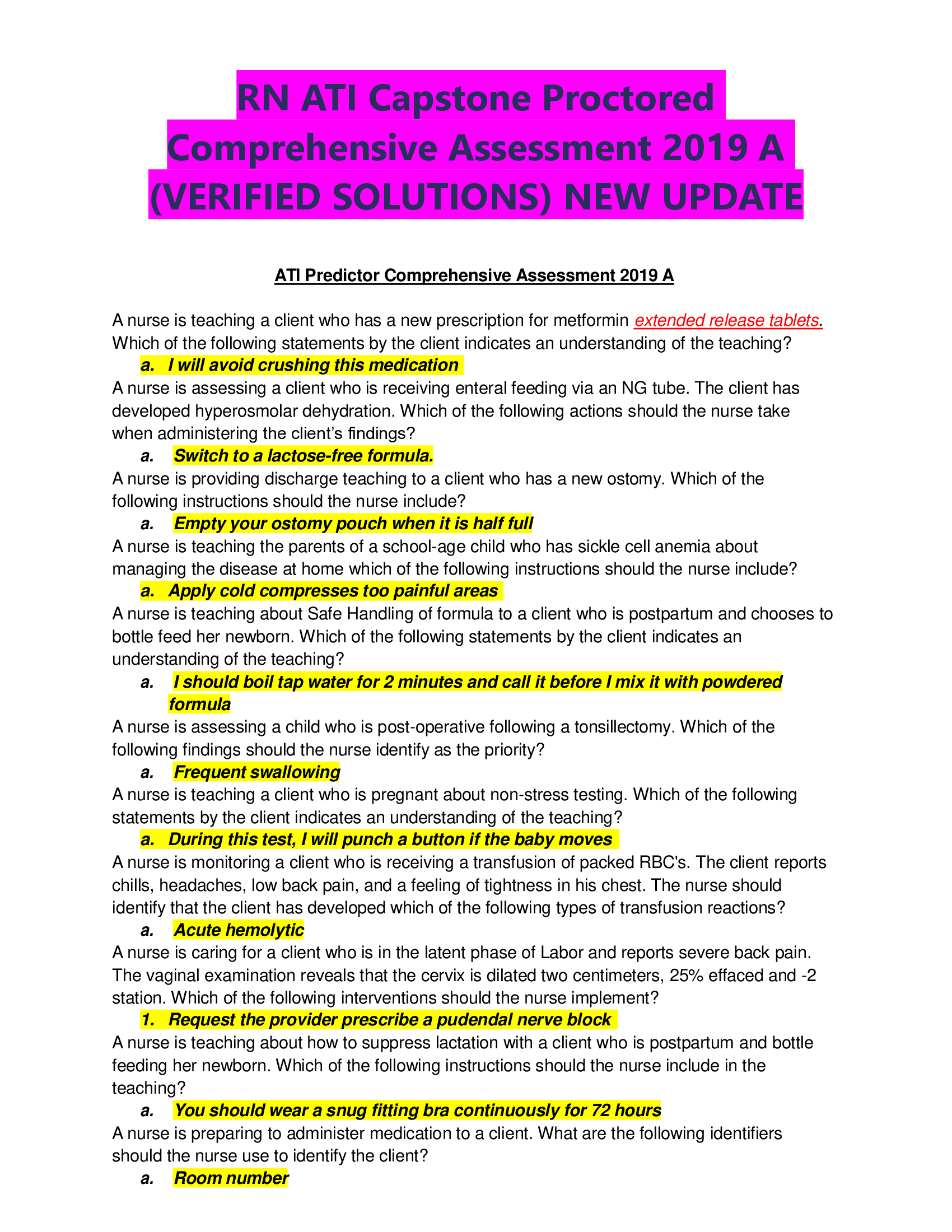RN ATI Capstone Proctored  Comprehensive Assessment 2019 A  (VERIFIED SOLUTIONS) NEW UPDATE