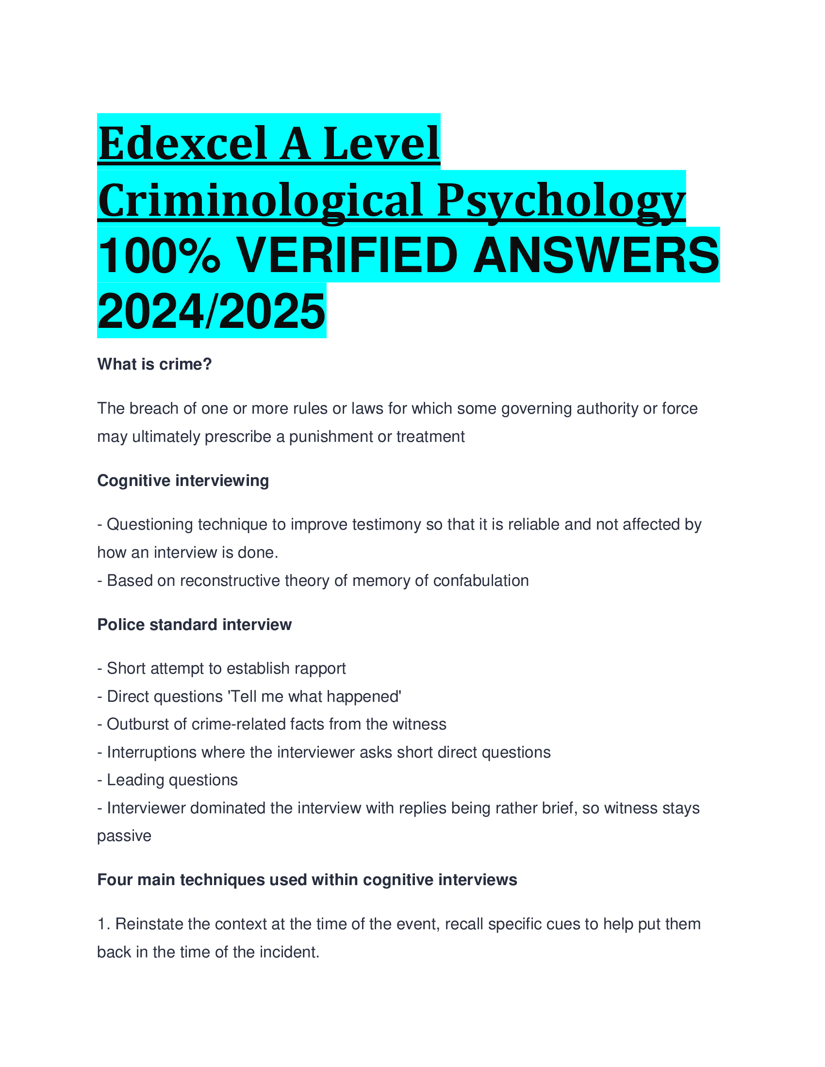 Edexcel A Level Criminological Psychology VERIFIED ANSWERS  20242026