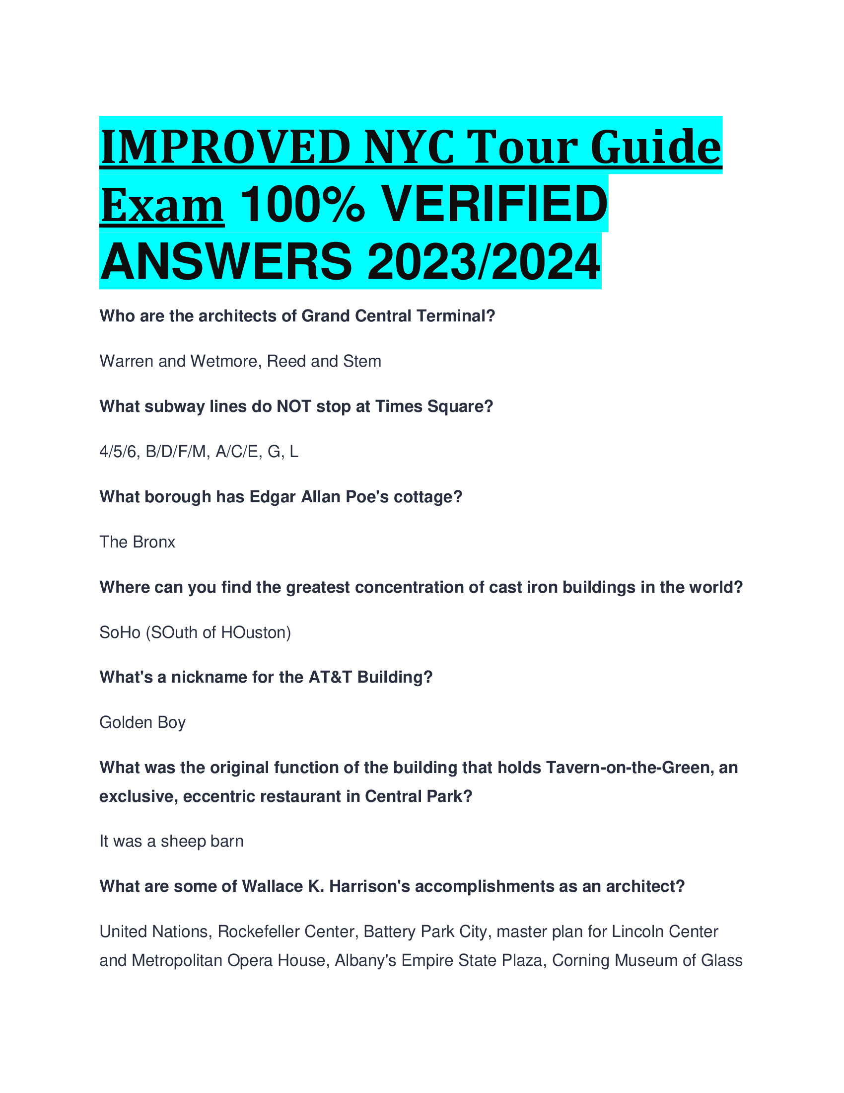 IMPROVED NYC Tour Guide Exam VERIFIED  ANSWERS 2023,2024