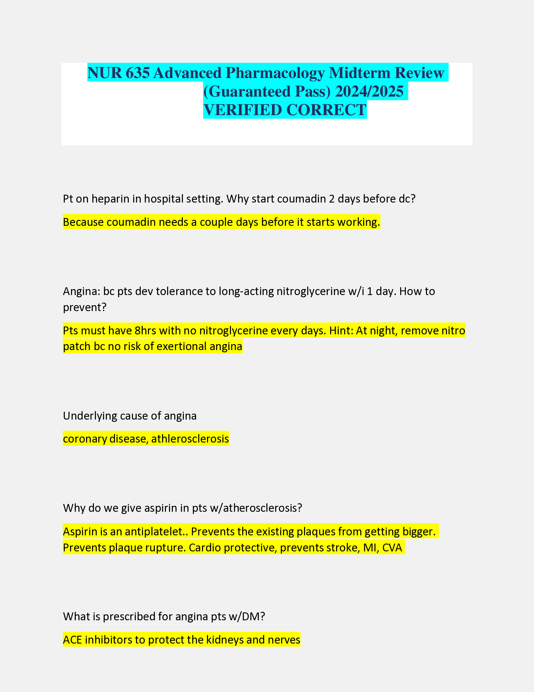 NUR 635 Advanced Pharmacology Midterm Review  (Guaranteed Pass) 20242026  VERIFIED CORRECT