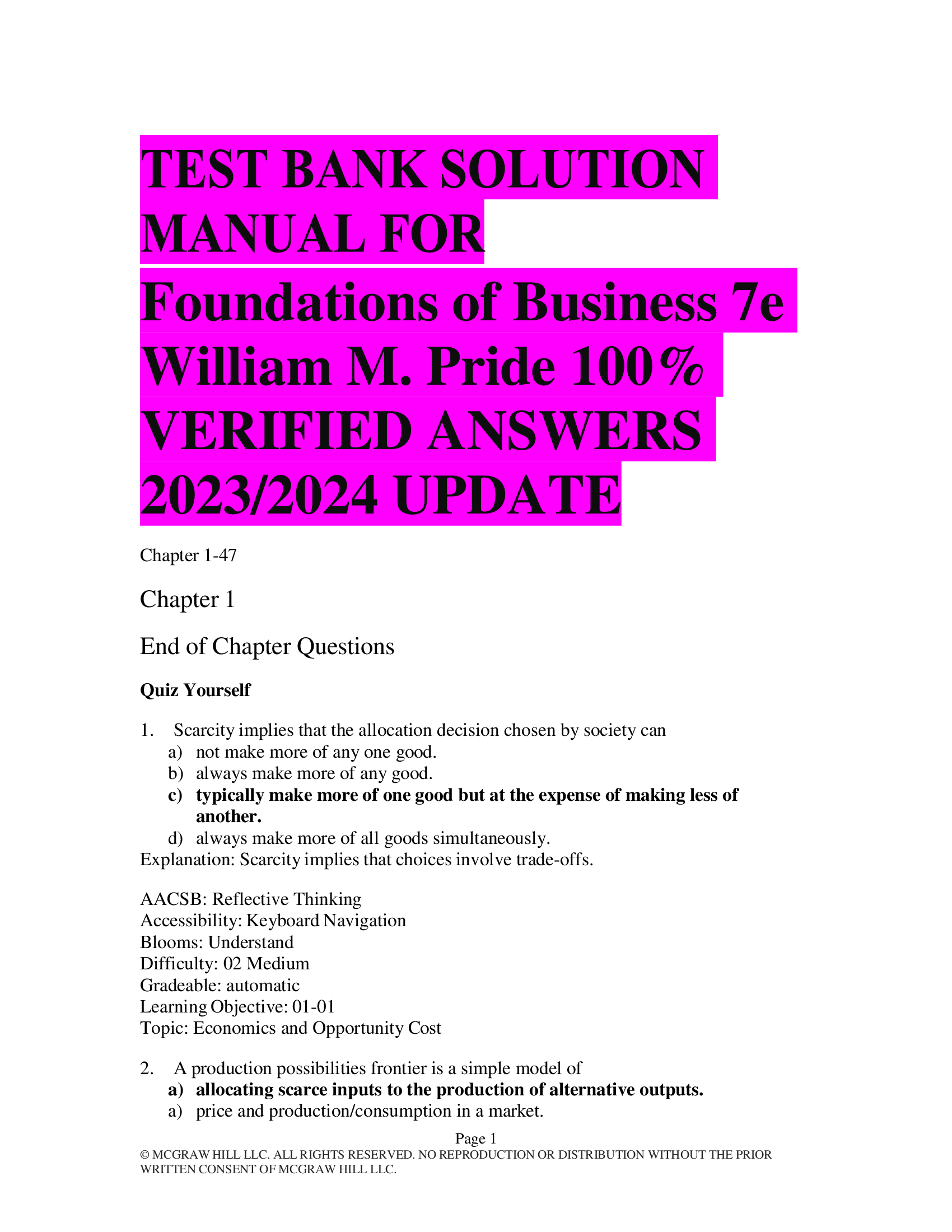 test bank for Foundations of Business 7e William M. Pride  VERIFIED ANSWERS  2023,2024 UPDATE