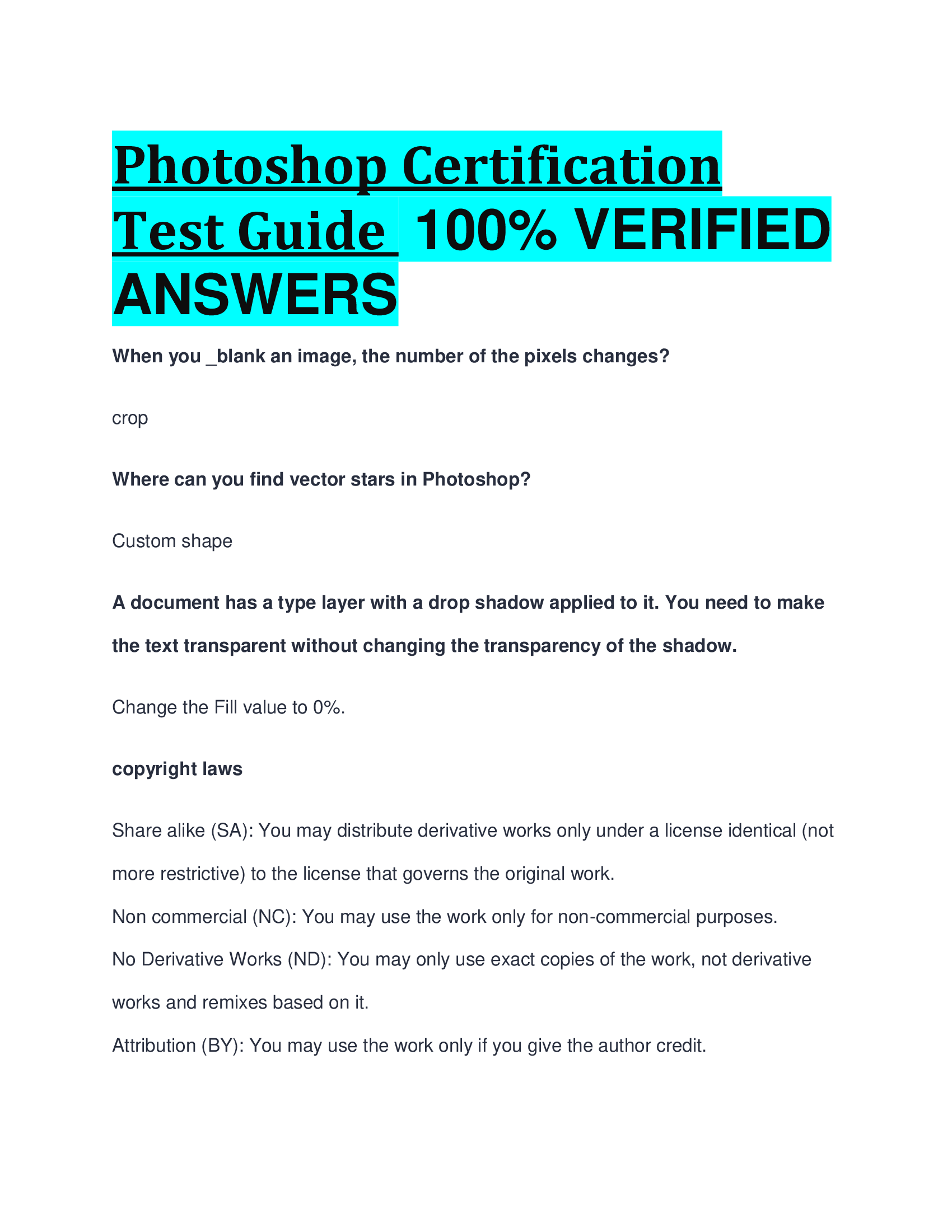 Photoshop Certification Test Guide  VERIFIED  ANSWERS