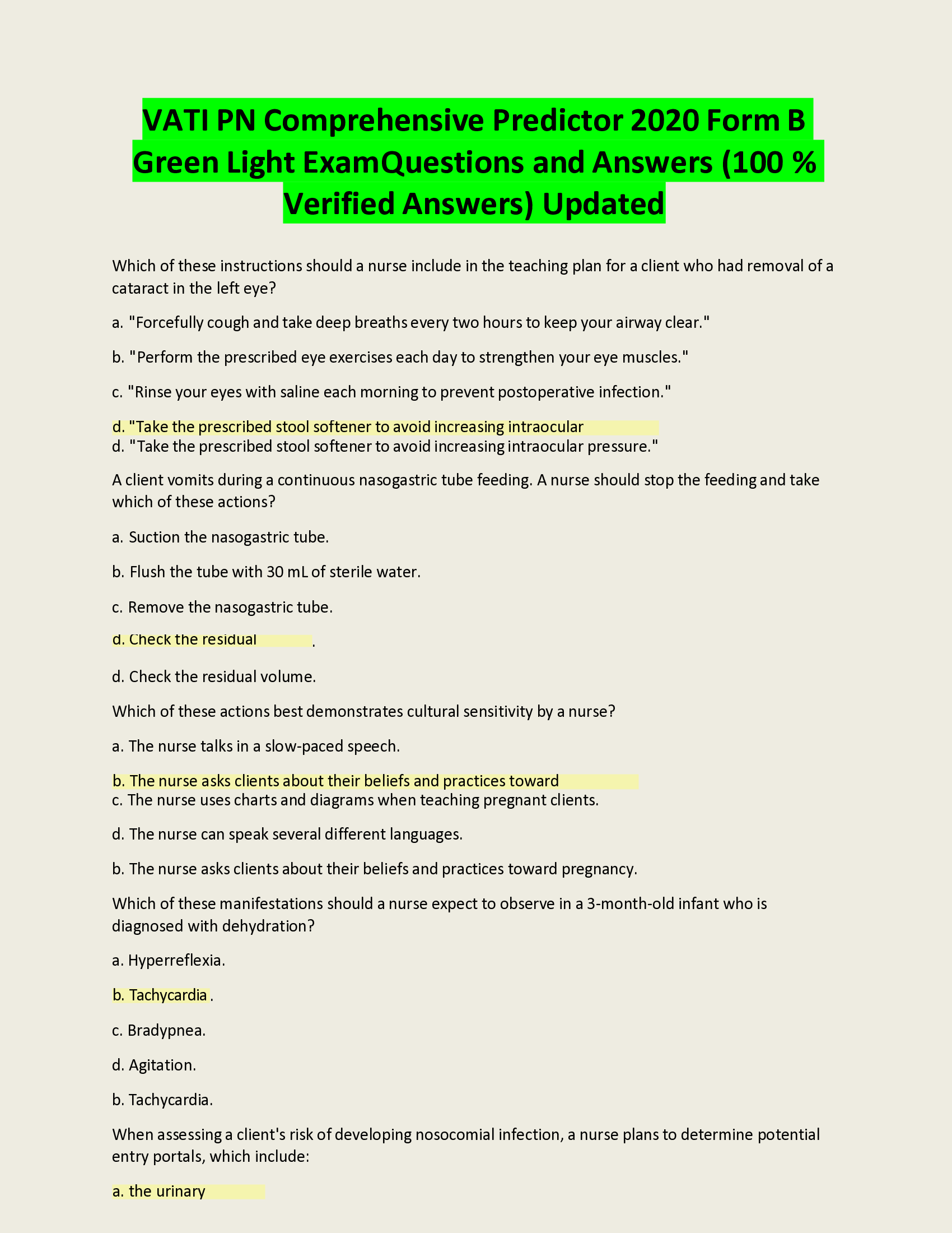 VATI PN Comprehensive Predictor 2020 Form B Green Light Exam Questions and Answers (  Verified Answers) Updated