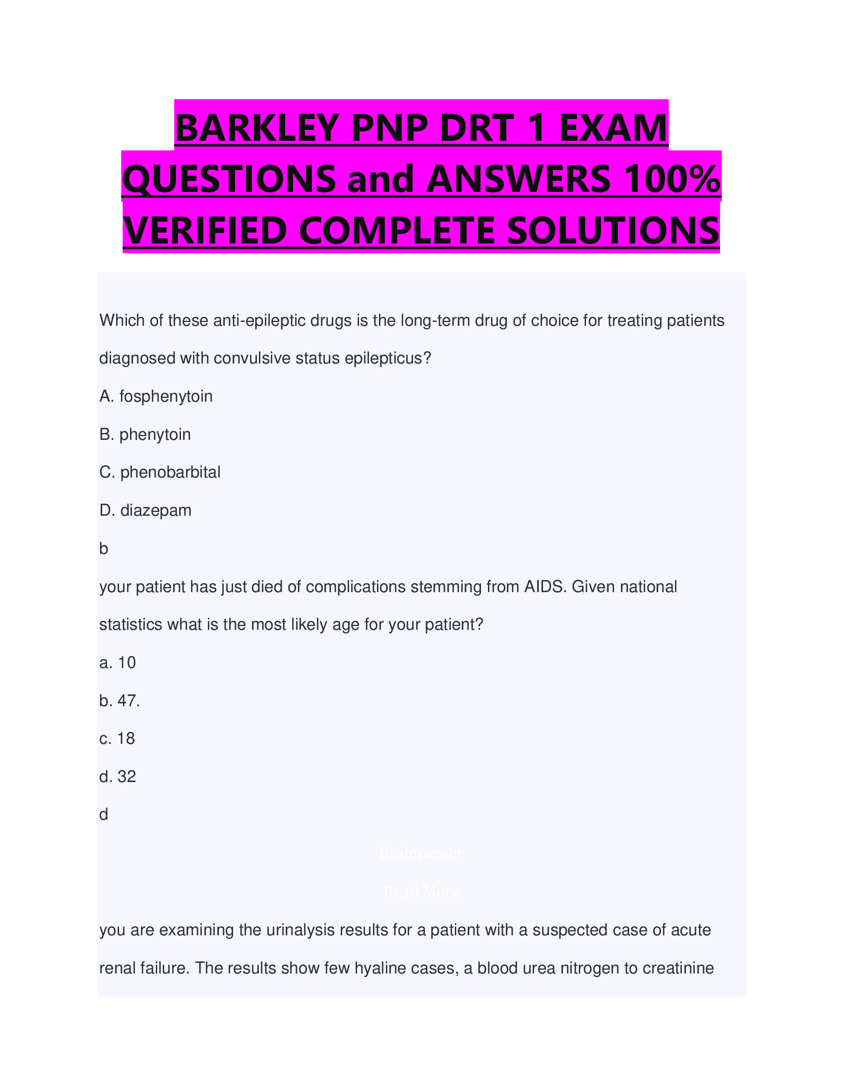 BARKLEY PNP DRT 1 EXAM  QUESTIONS and ANSWERS  VERIFIED COMPLETE SOLUTIONS