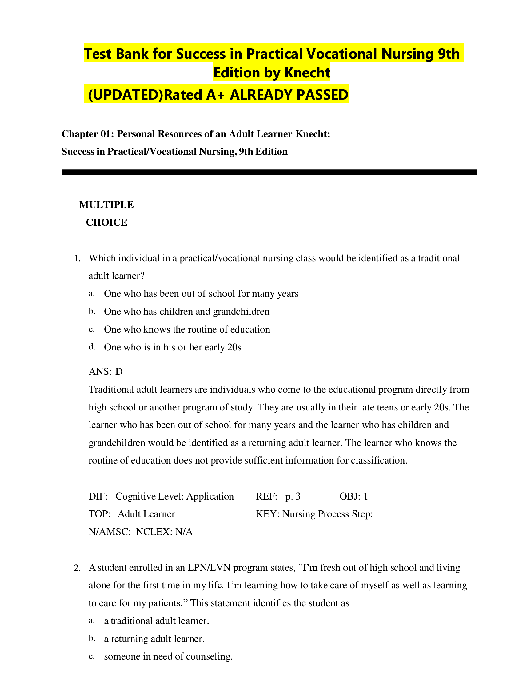 Test Bank for Success in Practical Vocational Nursing 9th Edition by Knecht UPDATED Rated A+ ALREADY PASSED