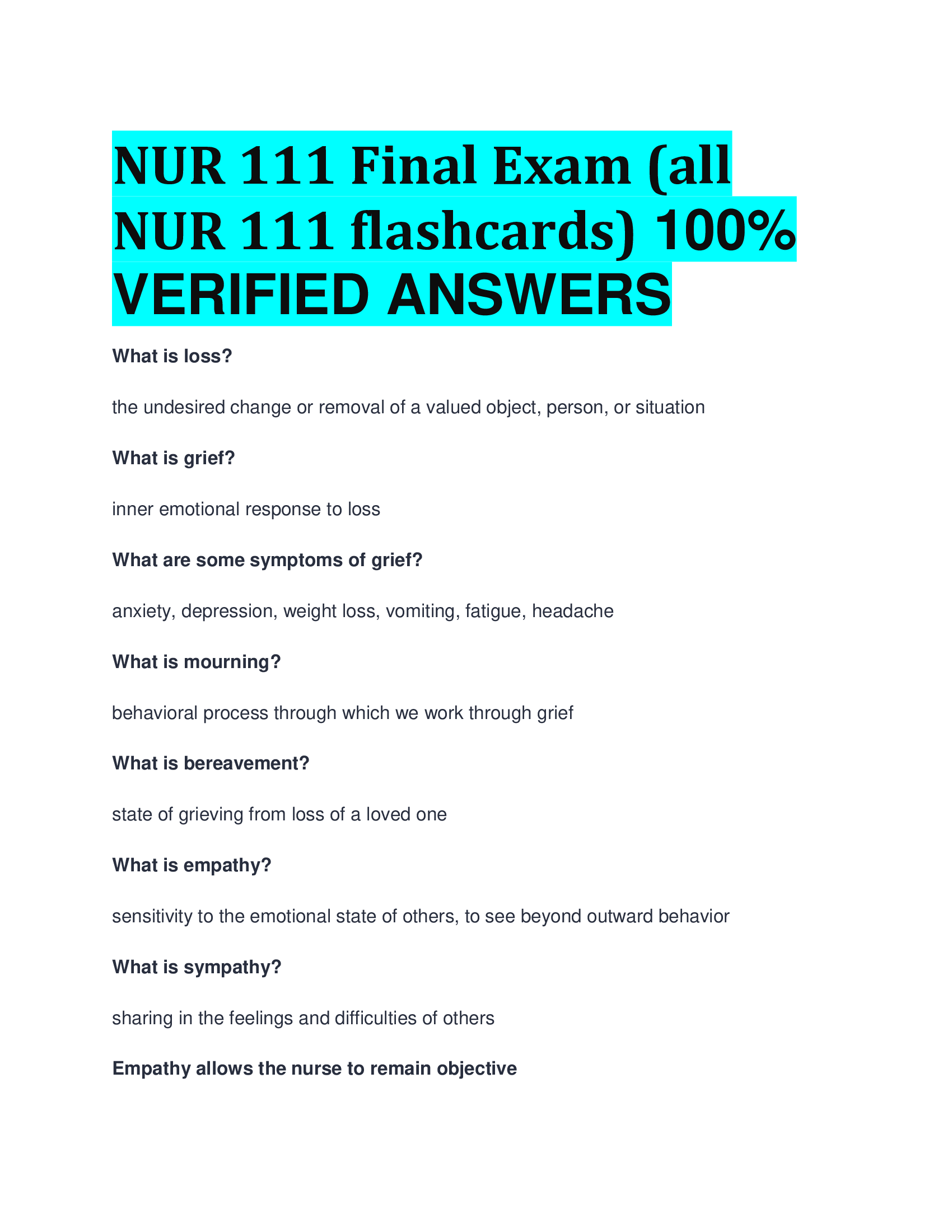 NUR 111 Final Exam (all NUR 111 flashcards) VERIFIED ANSWERS 2024,2026