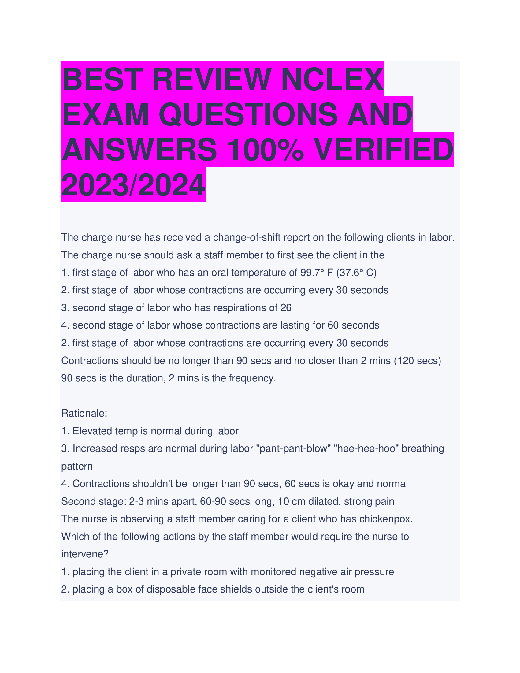 Best Review NCLEX Exam Questions and Answers Verified 2023, 2024