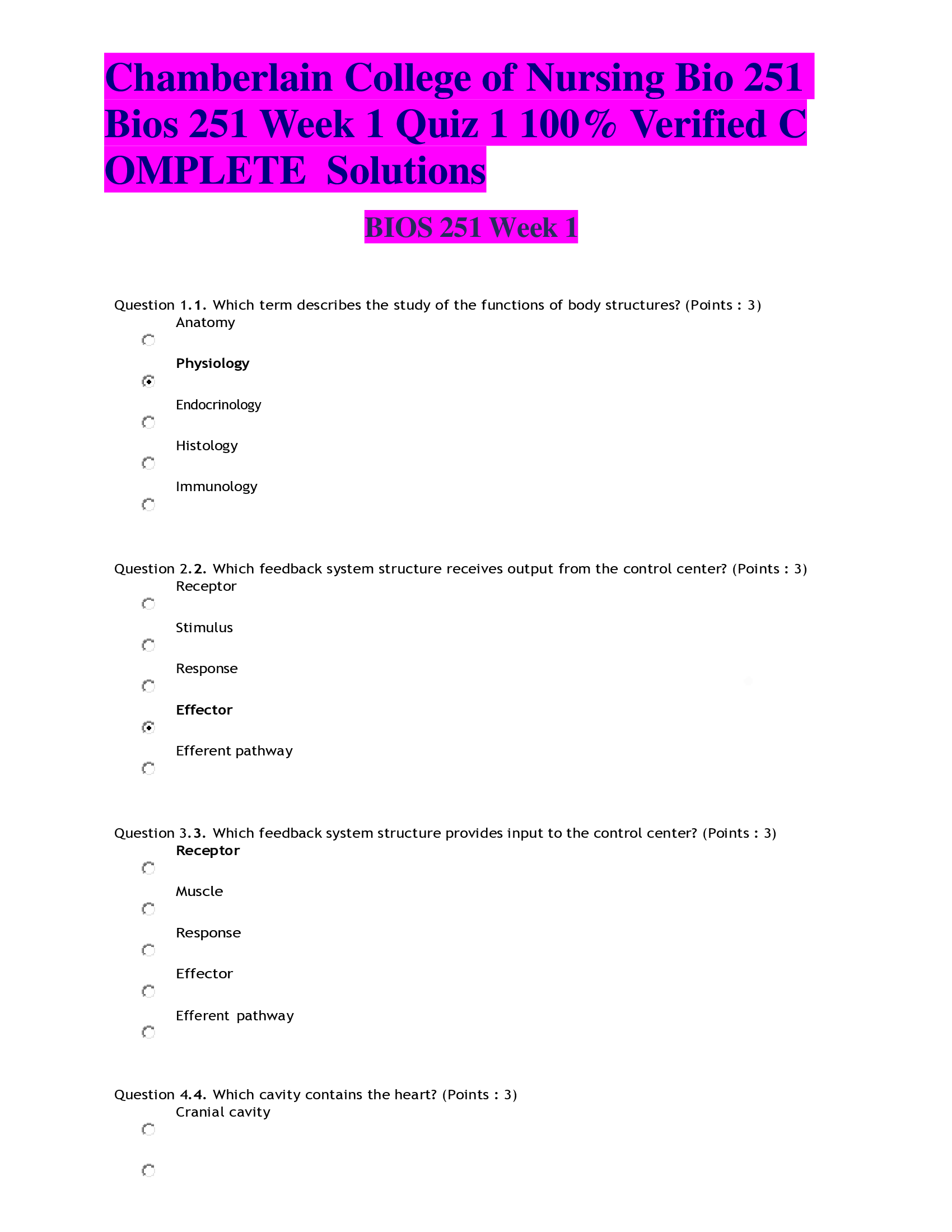 Chamberlain College of Nursing Bio 251  Bios 251 Week 1 Quiz 1  Verified C OMPLETE Solutions