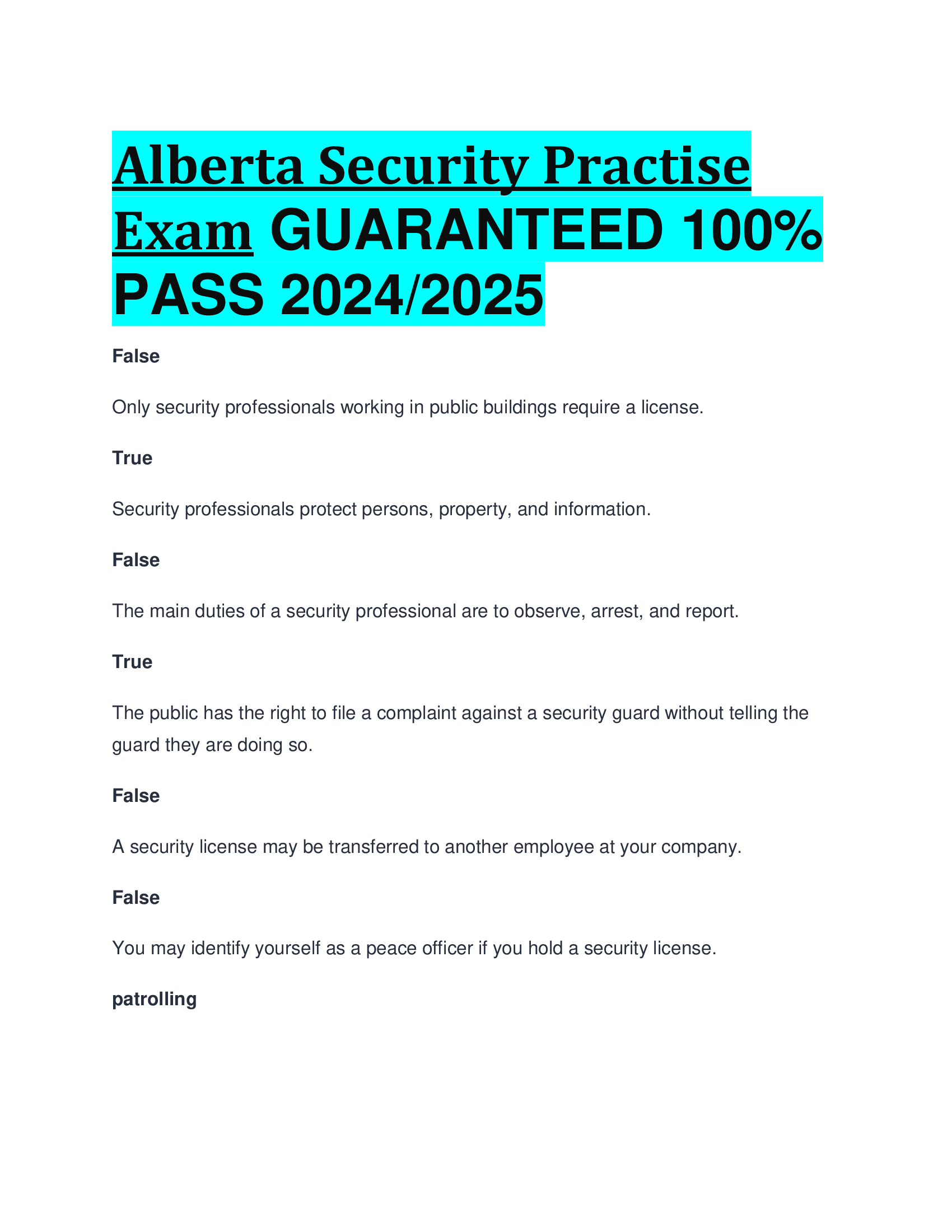 Alberta Security Practise Exam GUARANTEED   PASS 20242026