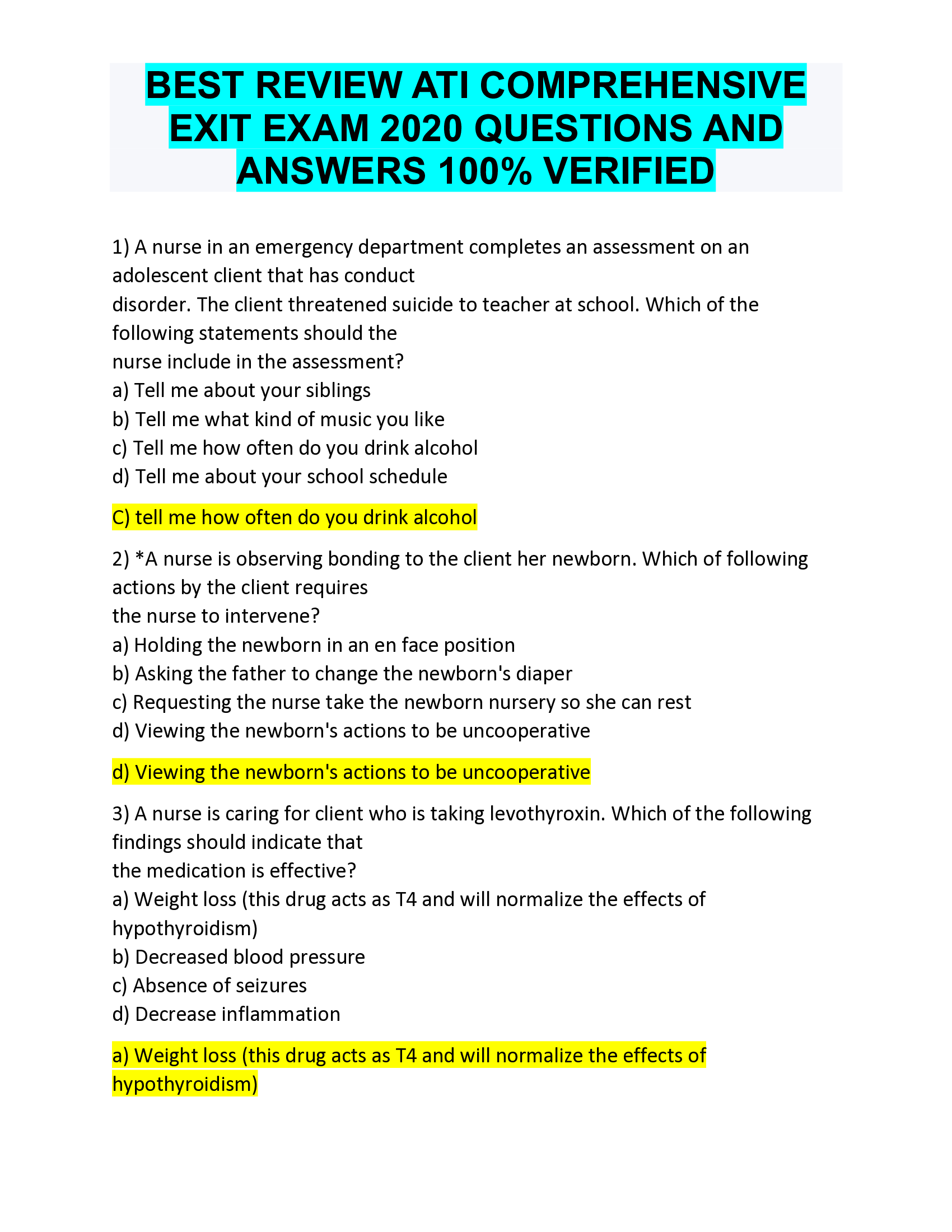BEST REVIEW ATI COMPREHENSIVE  EXIT EXAM 2020 QUESTIONS AND  ANSWERS VERIFIED