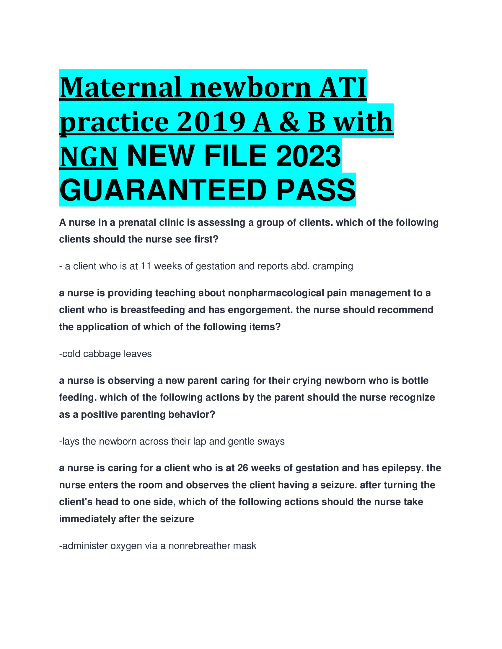 Maternal newborn ATI practice 2019 A & B with NGN NEW FILE 2023,2024  GUARANTEED PASS