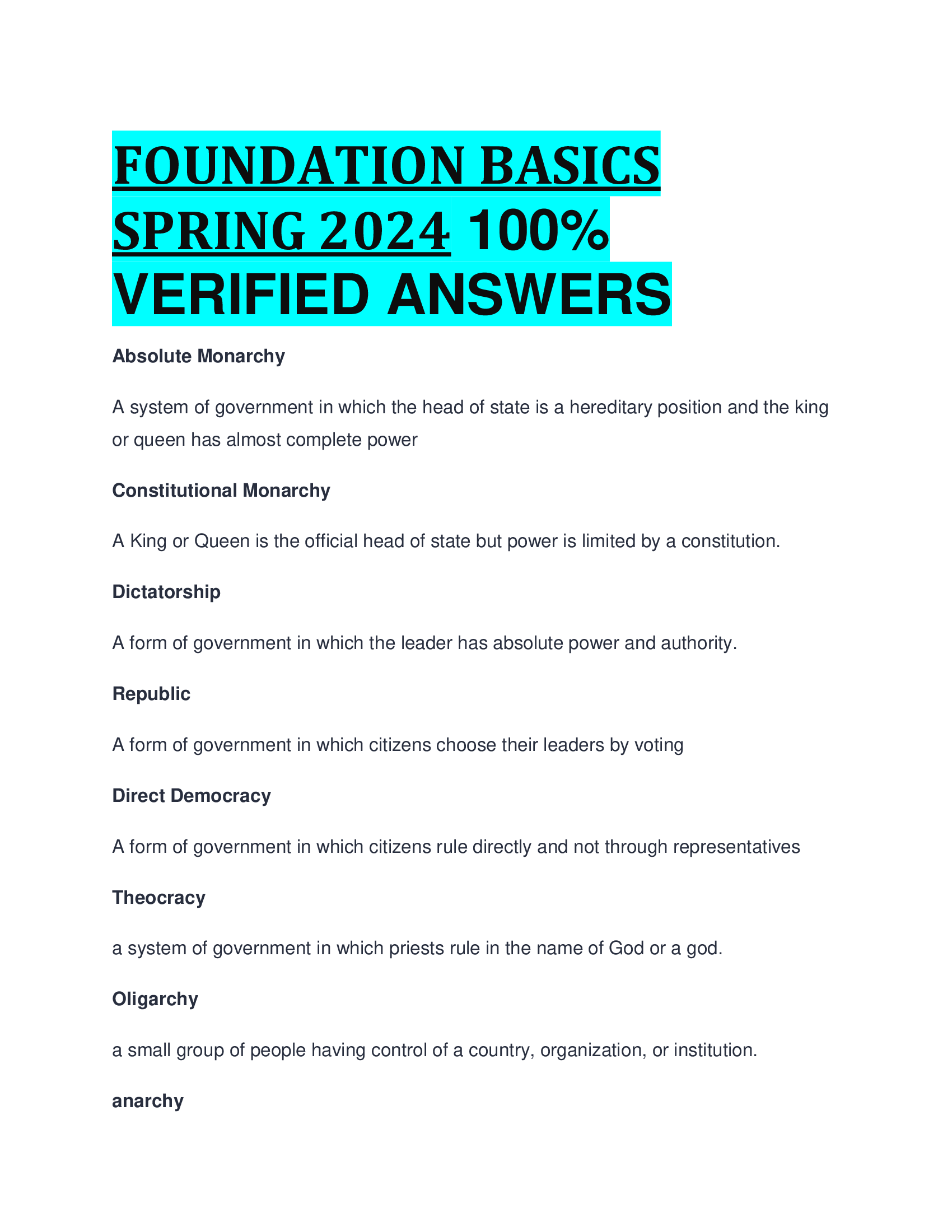 FOUNDATION BASICS SPRING 2024 VERIFIED ANSWERS
