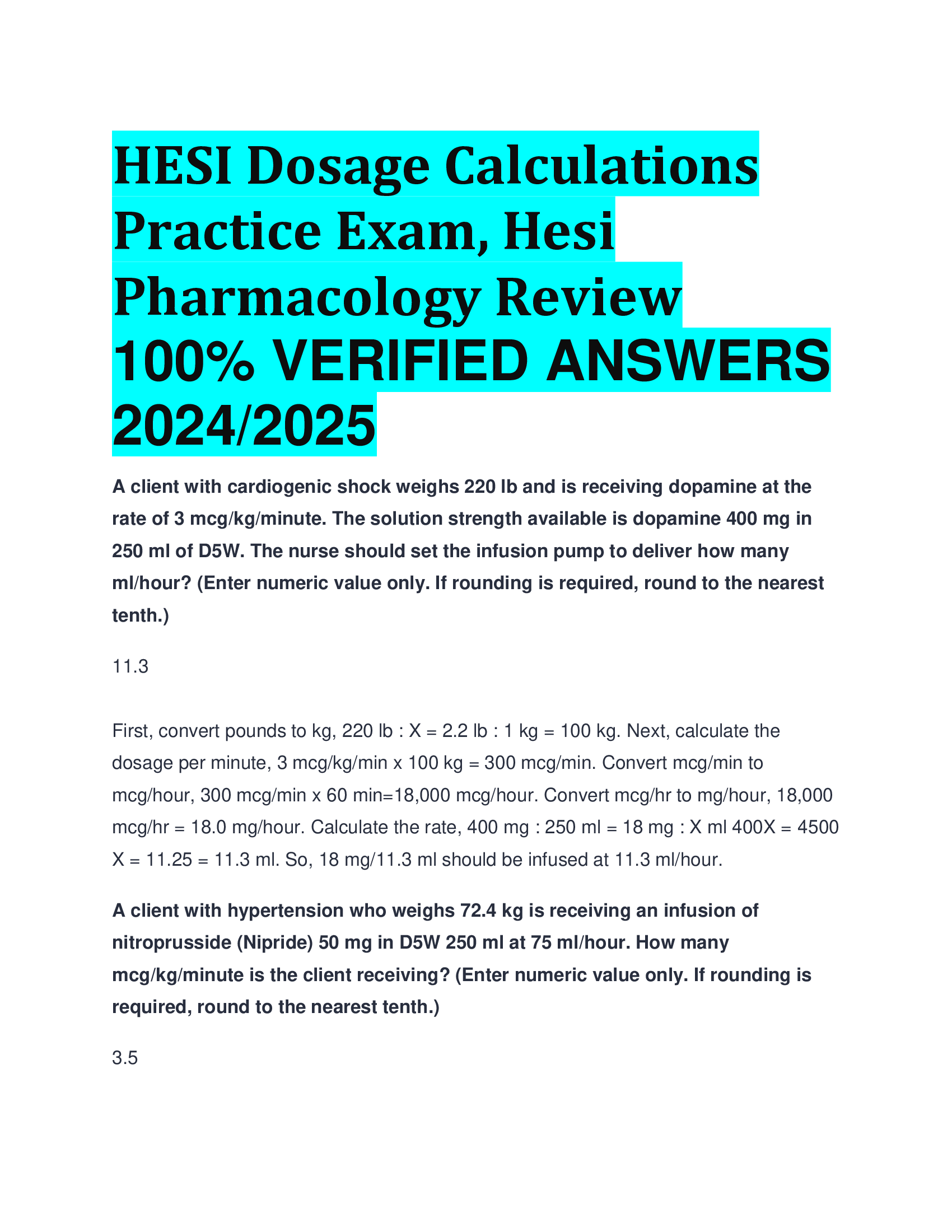 HESI Dosage Calculations Practice Exam, Hesi Pharmacology Review  VERIFIED ANSWERS  20242026