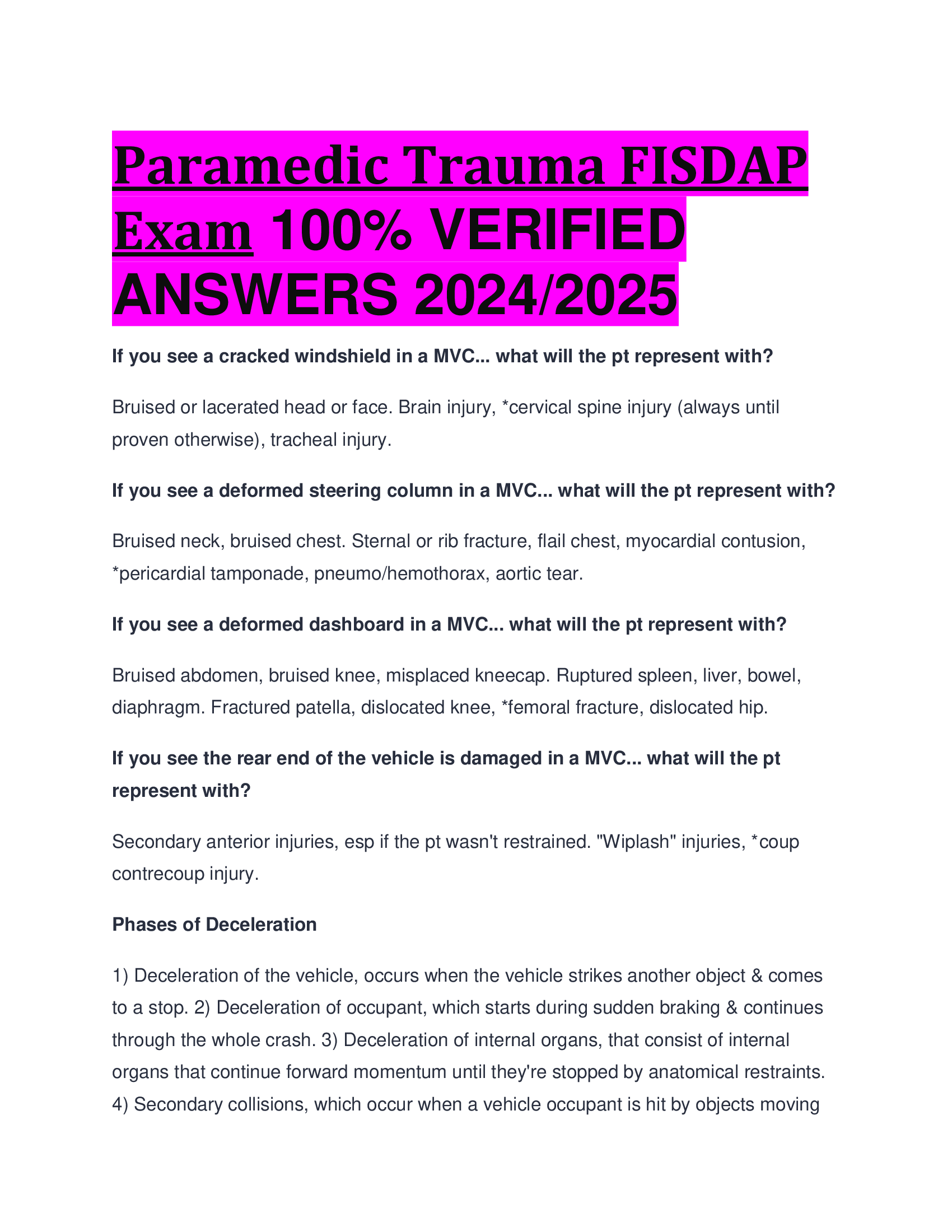 BEST ANSWERS Paramedic Trauma FISDAP Exam VERIFIED  ANSWERS 2024, 2026