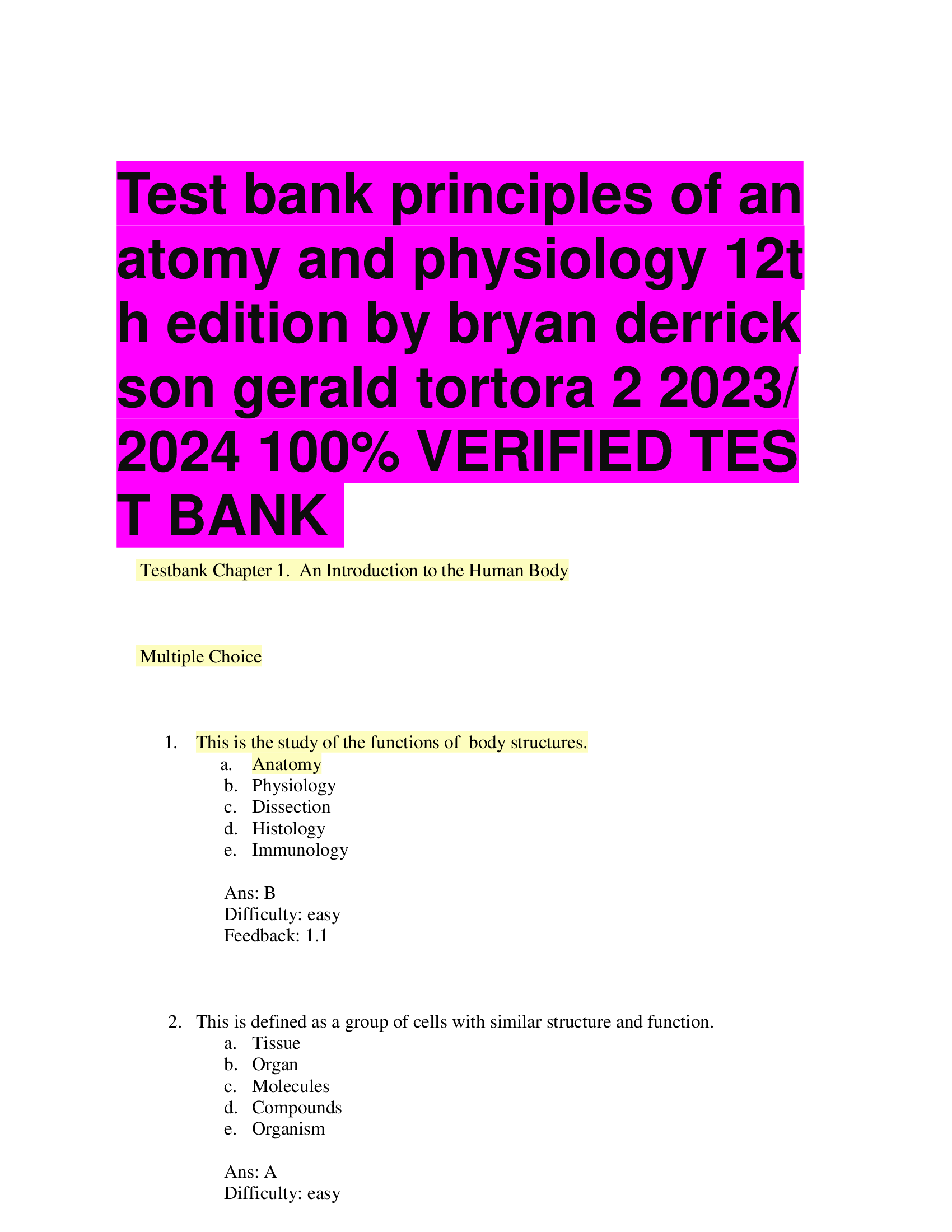 Test bank principles of an atomy and physiology 12t h edition by bryan derrick son gerald tortora  2023,2024  VERIFIED TES T BANK