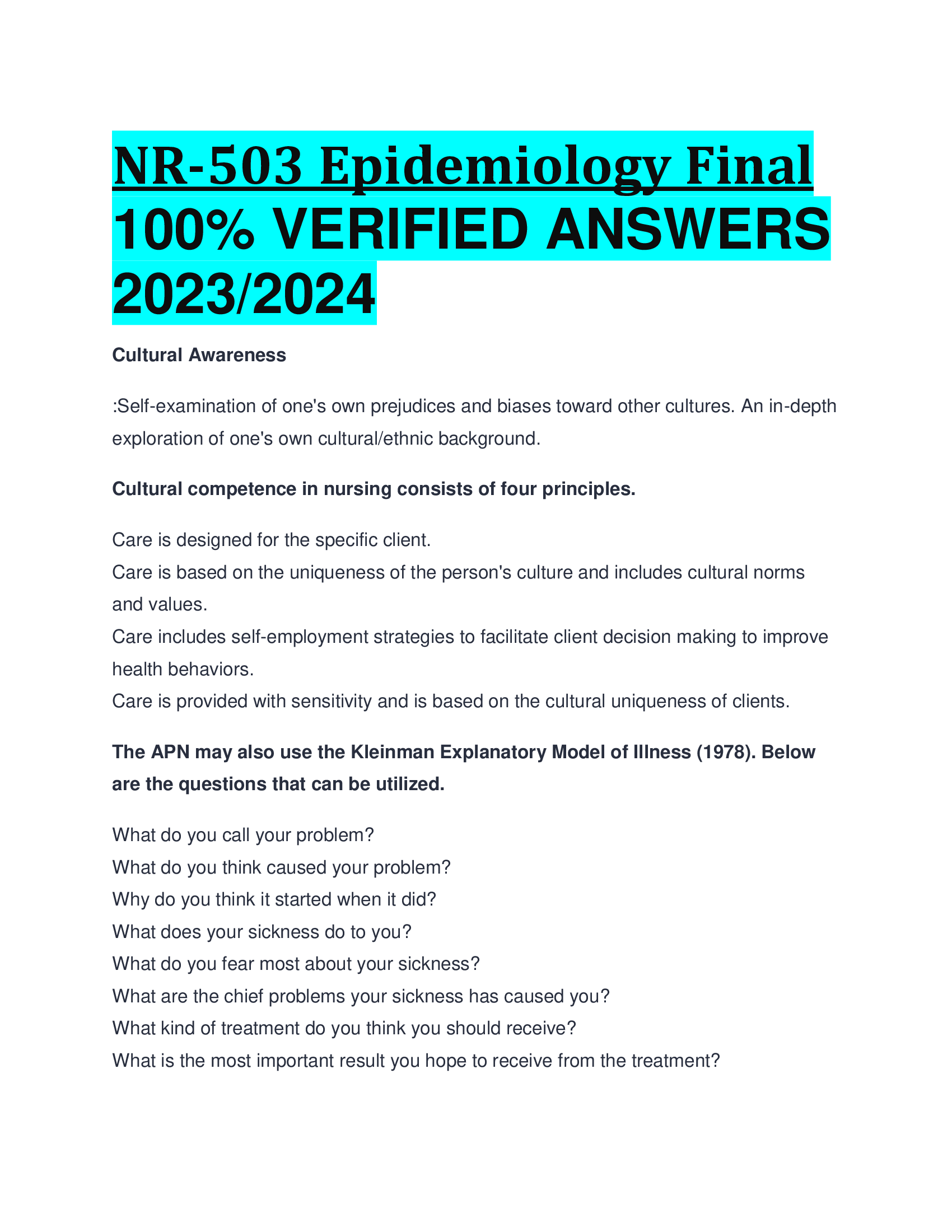 NR-503 Epidemiology Final  VERIFIED ANSWERS  2023,2024