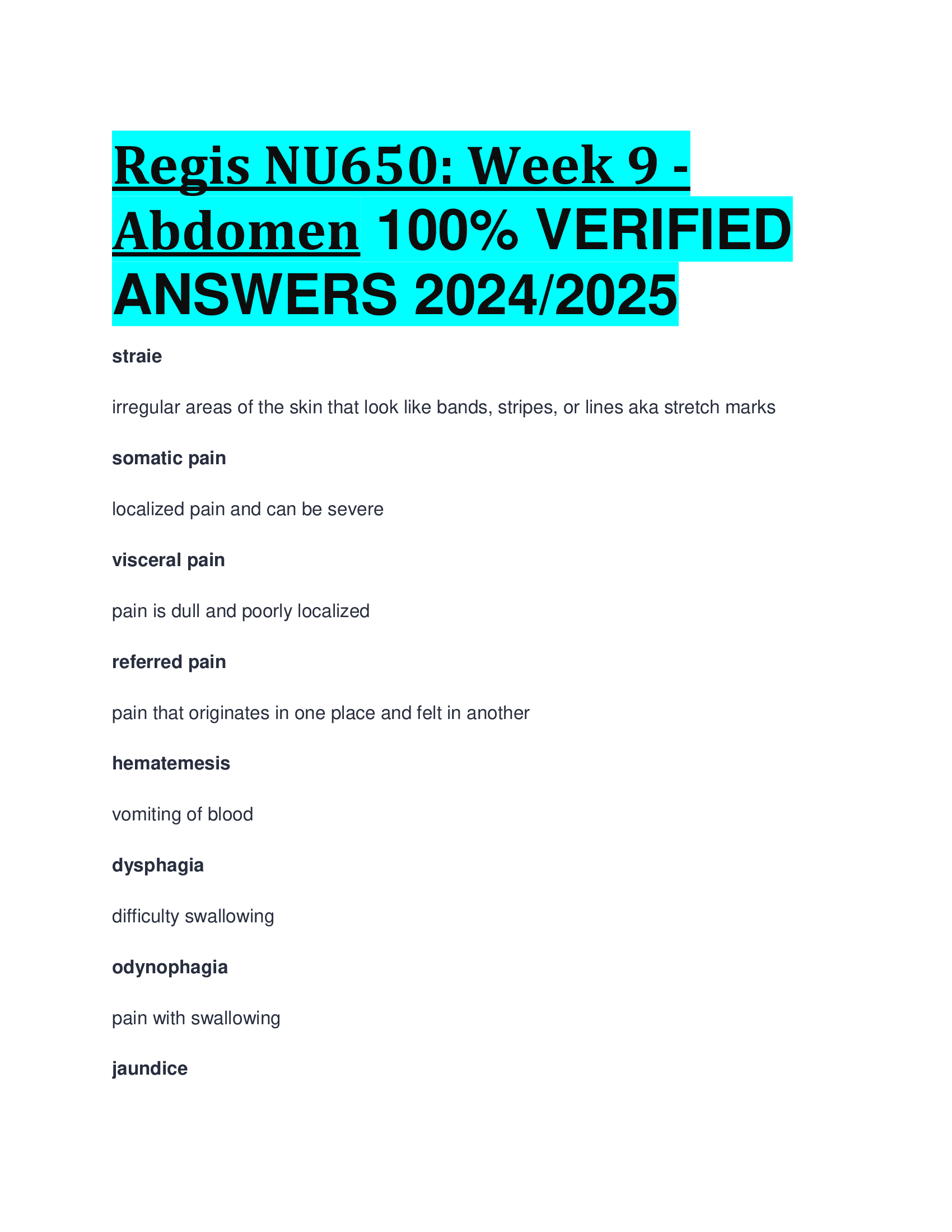 Regis NU650: Week 9 - Abdomen VERIFIED ANSWERS 20242026