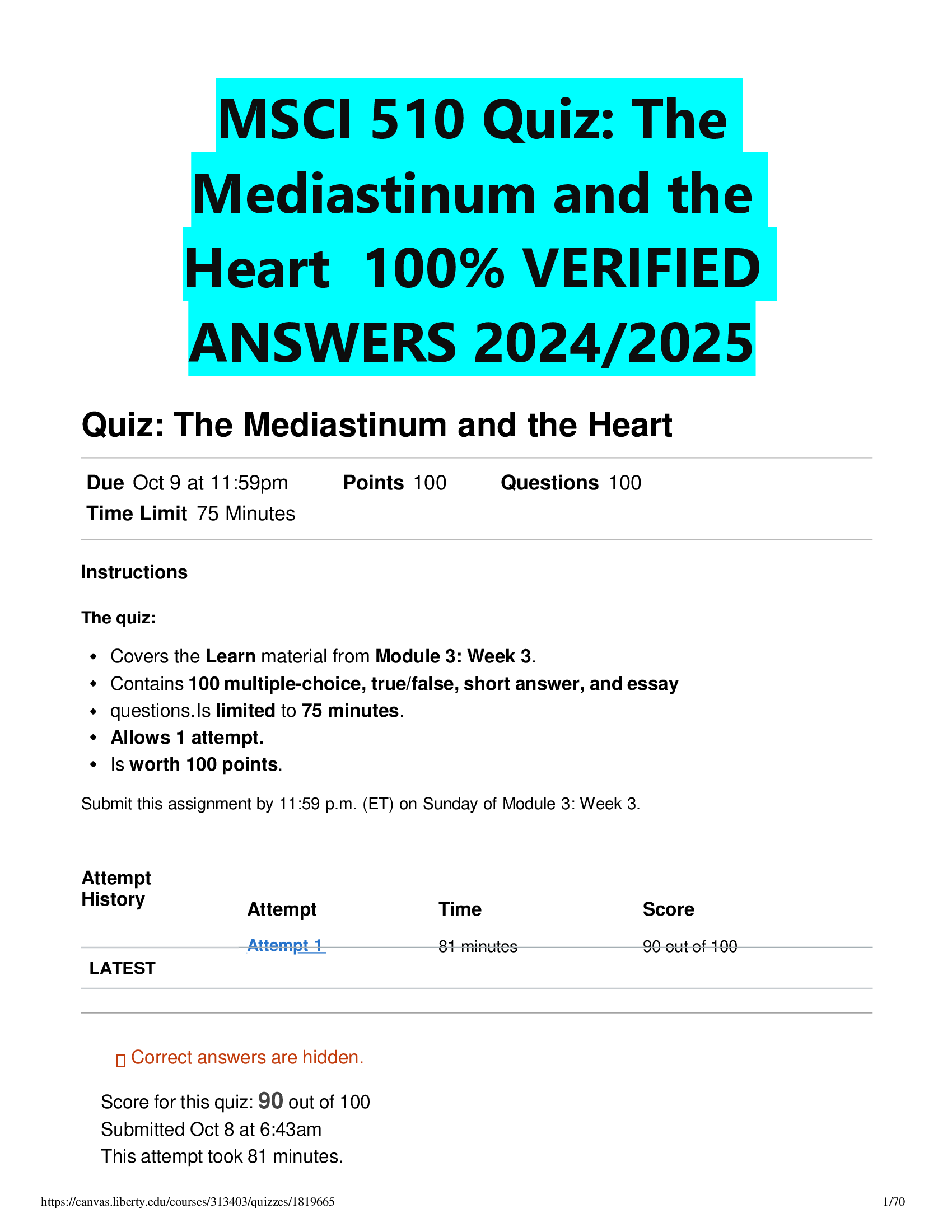 MSCI 510 Quiz: The  Mediastinum and the  Heart  VERIFIED  ANSWERS 20242026