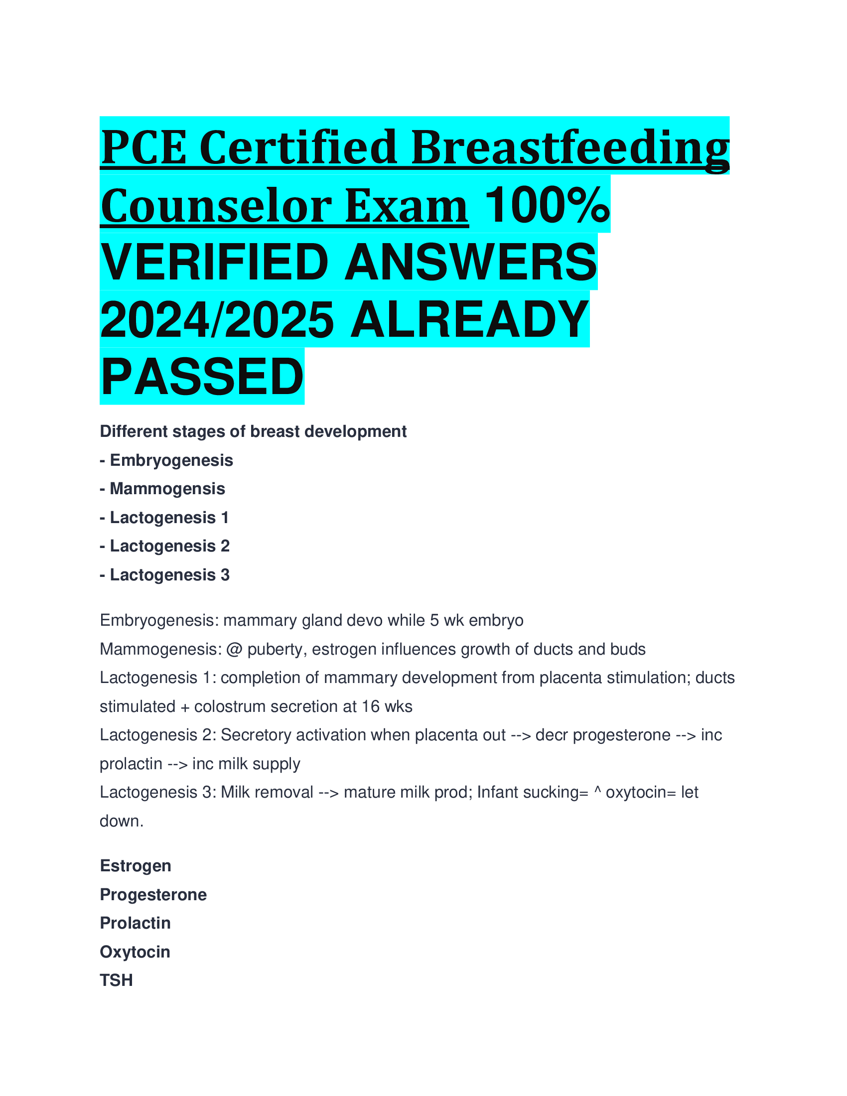 PCE Certified Breastfeeding Counselor Exam VERIFIED ANSWERS  20242026 ALREADY  PASSED