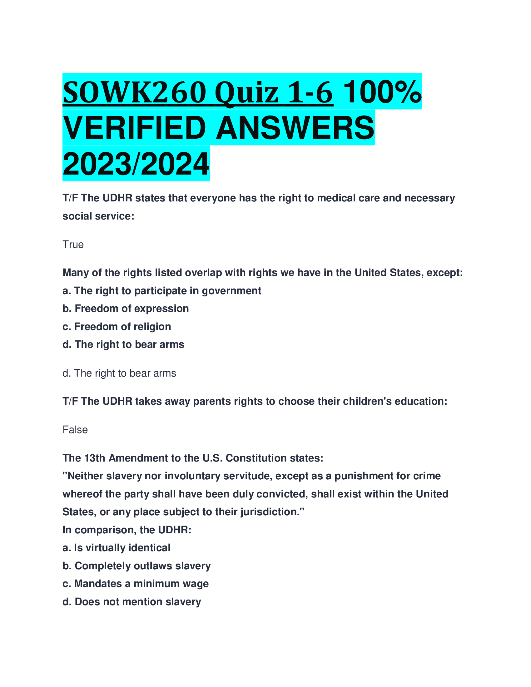 SOWK260 Quiz 1-6  VERIFIED ANSWERS  2023,2024