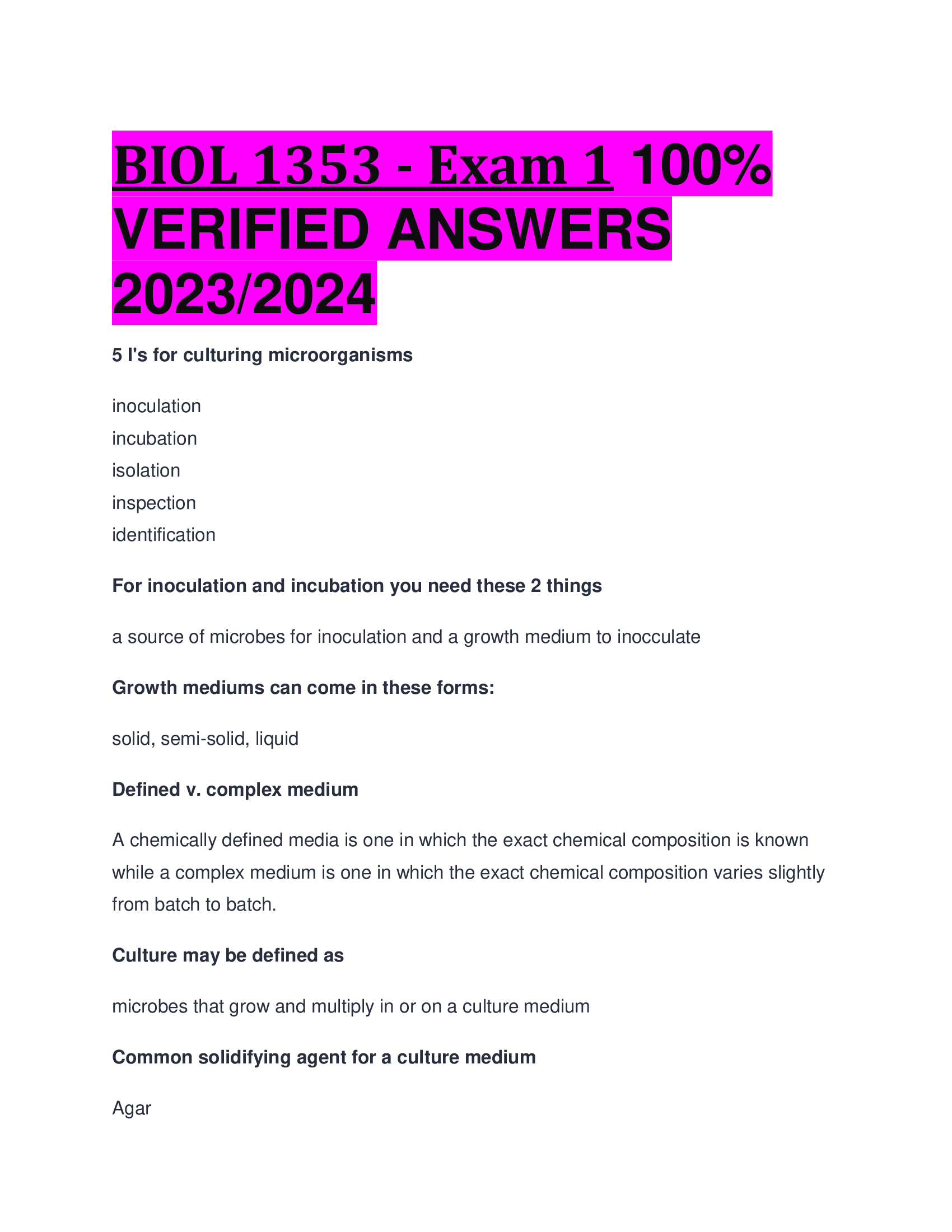 BIOL 1353 - Exam 1   VERIFIED ANSWERS  2023,2024