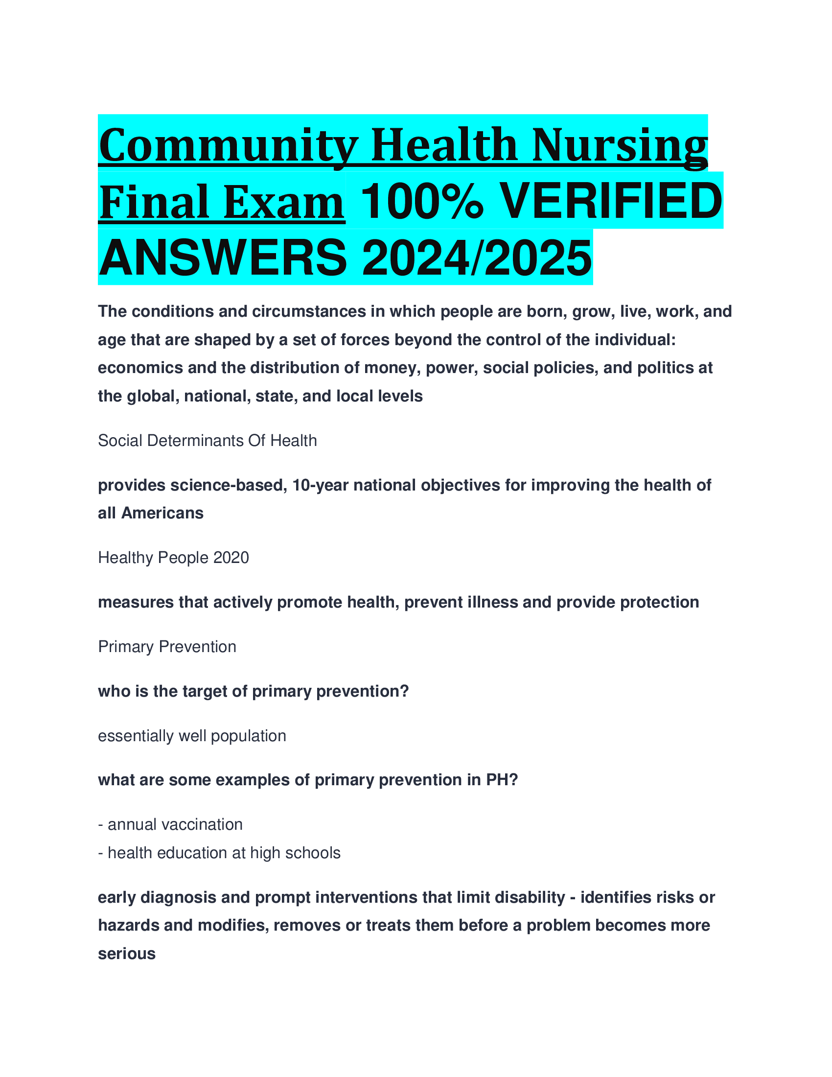 Community Health Nursing Final Exam VERIFIED  ANSWERS 20242026