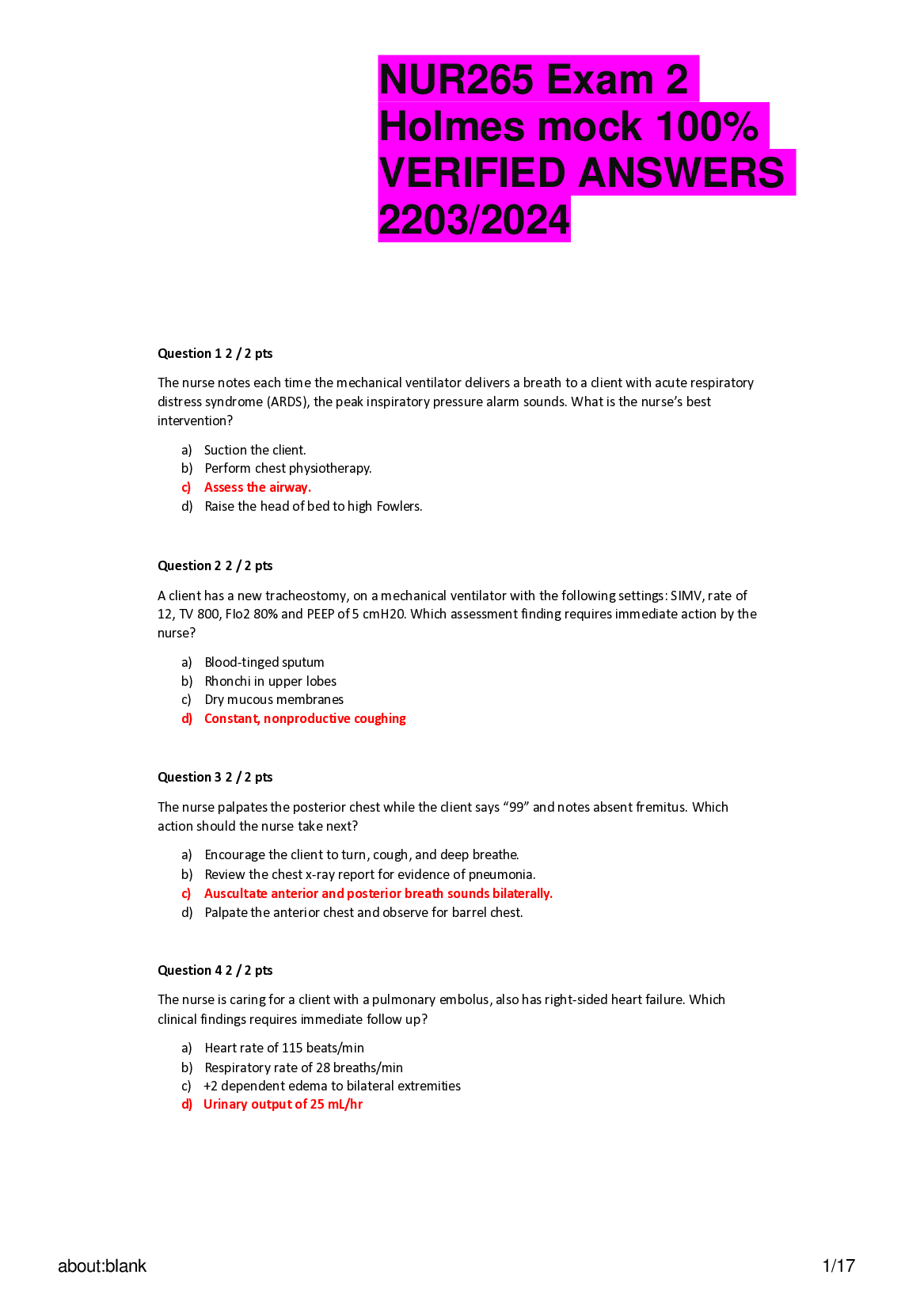 NUR265 Exam 2  Holmes mock   VERIFIED ANSWERS  2023,2024